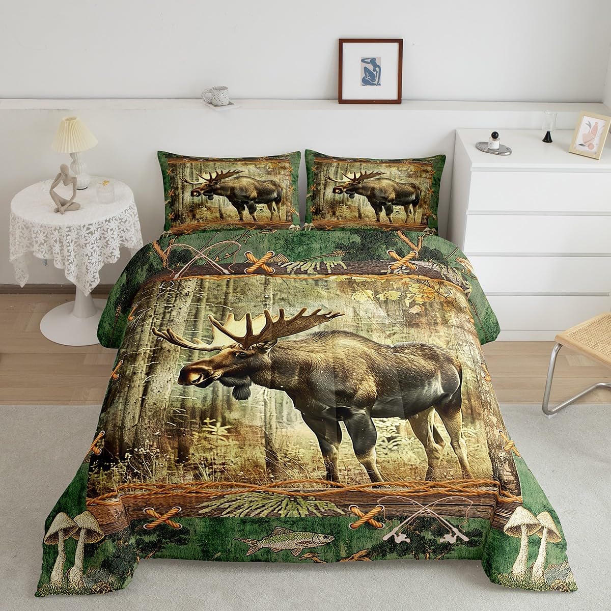 Feelyou Bass Fish Comforter Set Queen Size Cabin Fishing Pike Fish Comforter for Boys Girls Teens Vinatge American Flag Bedding Set Fisherman Duvet Set Room Decor Quilt Set