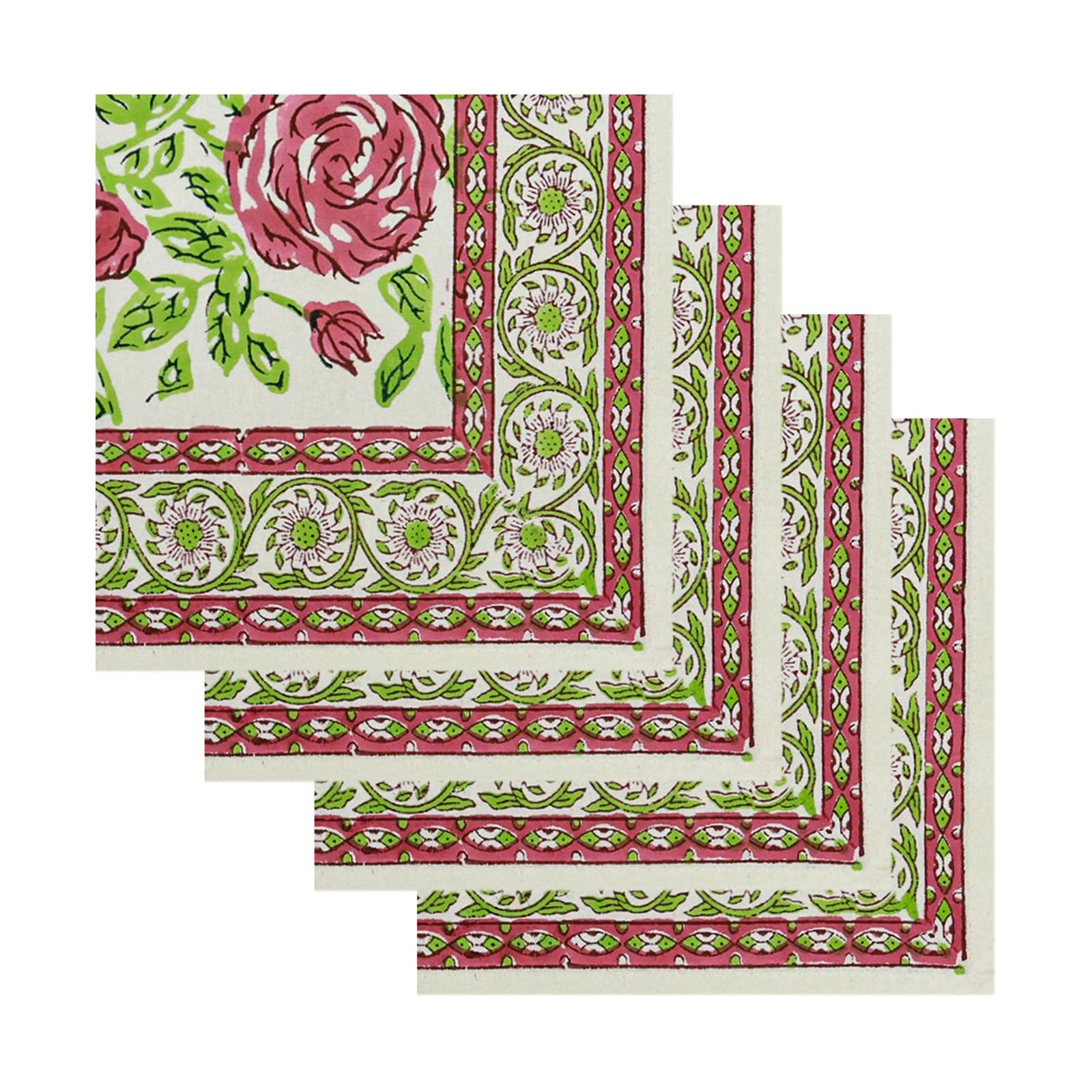 20x20 Inches Cotton Napkins Set of 4, Pink Green, Washable Hand Block Printed Reusable Cloth Napkins For Dinning, Party, Wedding, Restaurant, Cocktail, Home Decor Autumn Outdoor Valentine Gifts