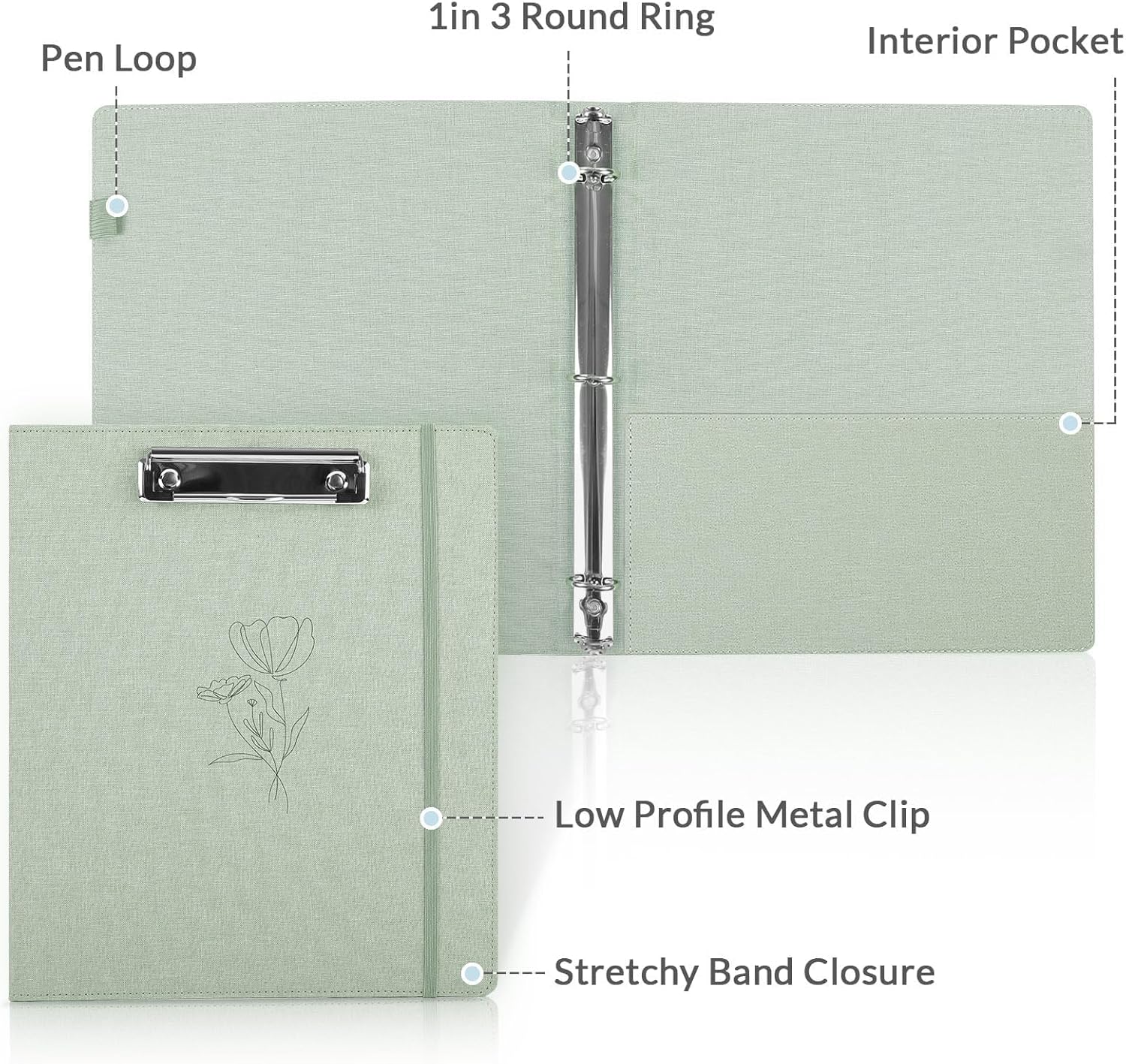 SKYDUE Clipboard Binder with Dividers,1 Inch Linen 3 Ring Binder with Clipboard on Front for Organizer, Clipboard Folder with Pocket, Labels Office Supplies OliveGreen - Image 4