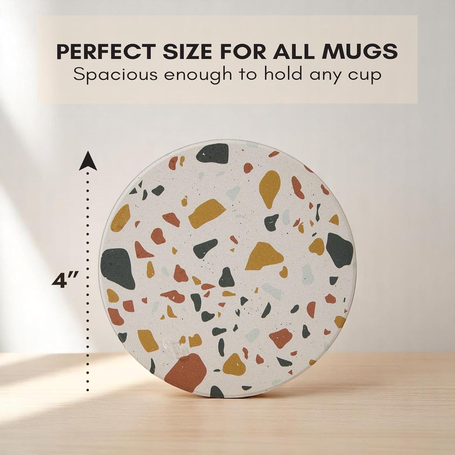 Terrazzo Coasters Set of 6, Ceramic Absorbent Drink Coasters, Cute Moisture Absorbing Coaster, Coffee Table Desk Decor, Colorful Stone Coaster for Drinks (Sunset with Black Holder) - Image 2