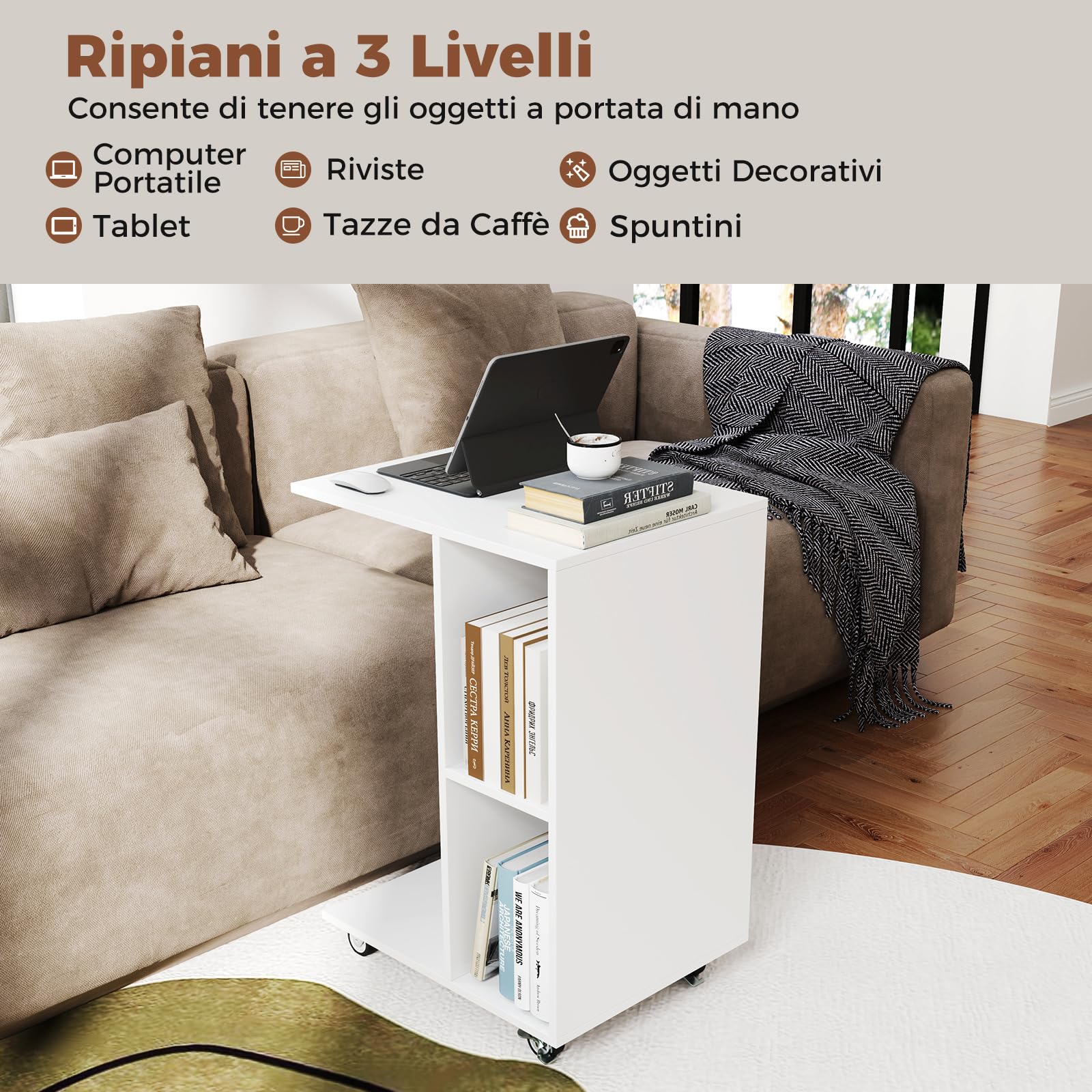 COSTWAY Tavolino a Forma di C con Ruote, Tavolino Laterale da Divano Salvaspazio con 2 Cubi di Stocaggio, Ideale per Camera da Letto, Soggiorno e Salotto, 45 x 35 x 64,5 cm, Bianco