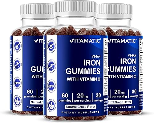 Miniatura 10 de Paquete de 2 gomitas vitamáticas de hierro para mujeres y hombres, porción de 20 mg, 60 gomitas veganas, vitaminas gomosas de hierro de gran sabor