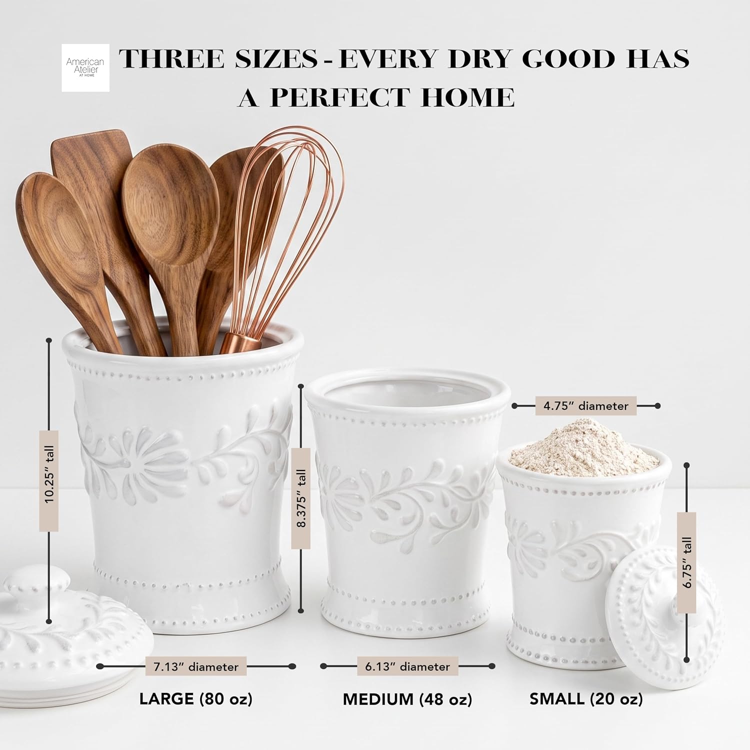 American Atelier Bianca Leaf Canister Set 3-Piece Ceramic Jars in 20oz, 48oz and 80oz Chic Design With Lids for Cookies, Candy, Coffee, Flour, Sugar, Rice, Pasta, Cereal & More, 7x10.25, White