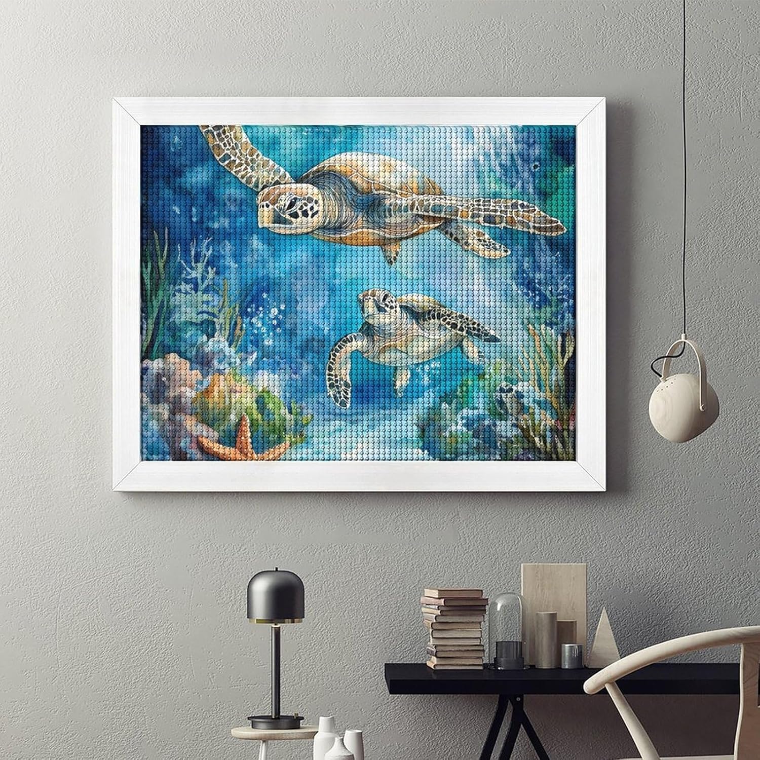Sea Turtles Corals In Ocean Printed Diamond 5D Painting Kit 16x20in DIY Full Drill Craft with Tools for Home Wall Decor Gift White Wood 50 * 40cm