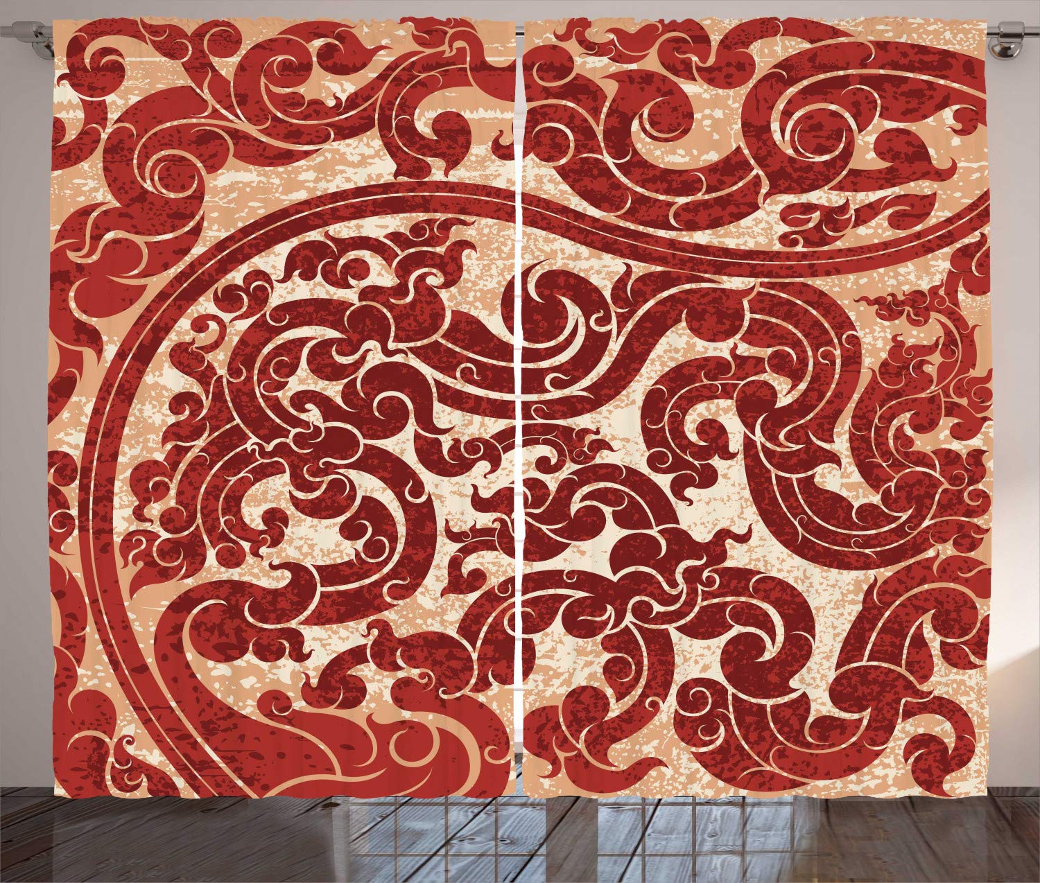 ABAKUHAUS Antique Curtains, Thai Culture Vector Abstract Background Flower Pattern Design Artwork Illustration Print, Living Room Bedroom Window Drapes 2 Panel Set, 280 x 260 cm, ruby โ image 1