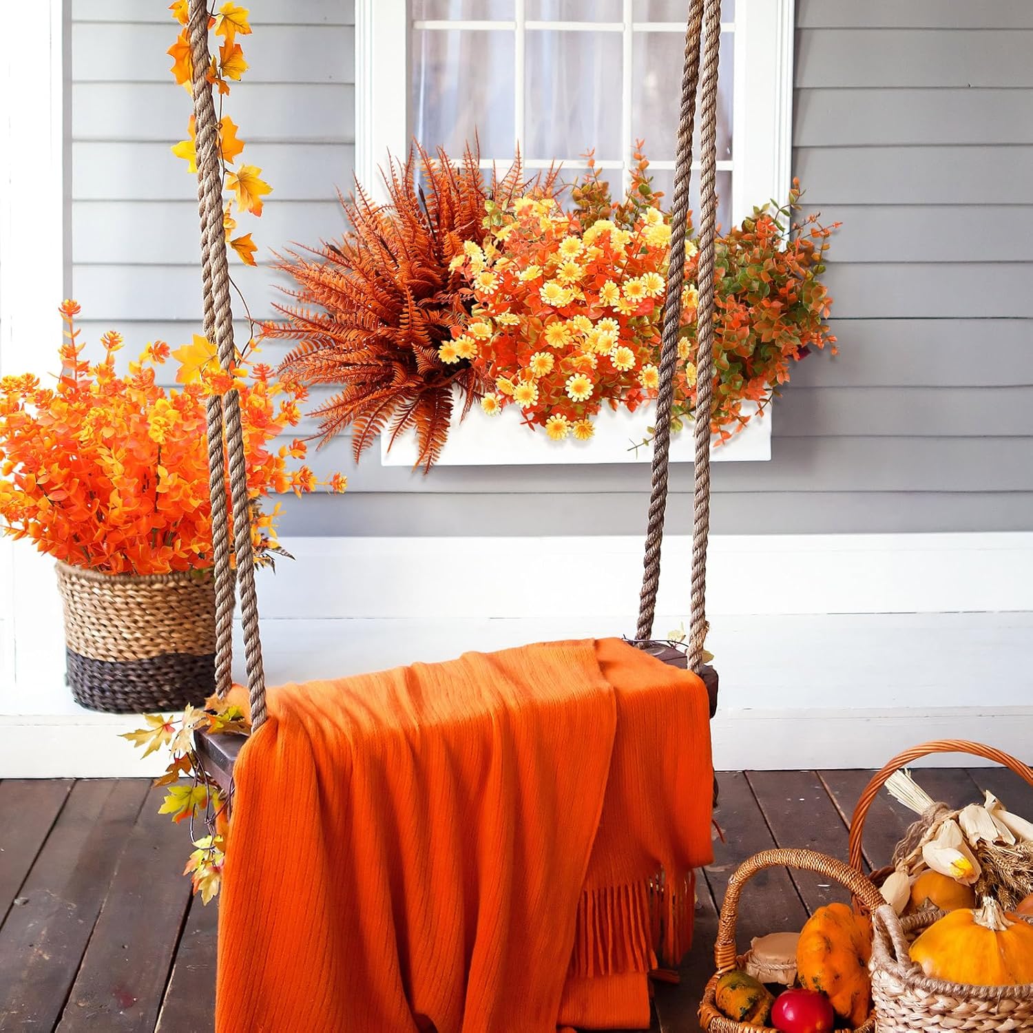 Ceenna 16 Bundles Fall Thanksgiving Artificial Flowers for Outdoors Decorations Floral Picks Stem Fake Mums Eucalyptus Maple Leaves Berry for Garden Autumn Arrangement(15 Inch,Eucalyptus)