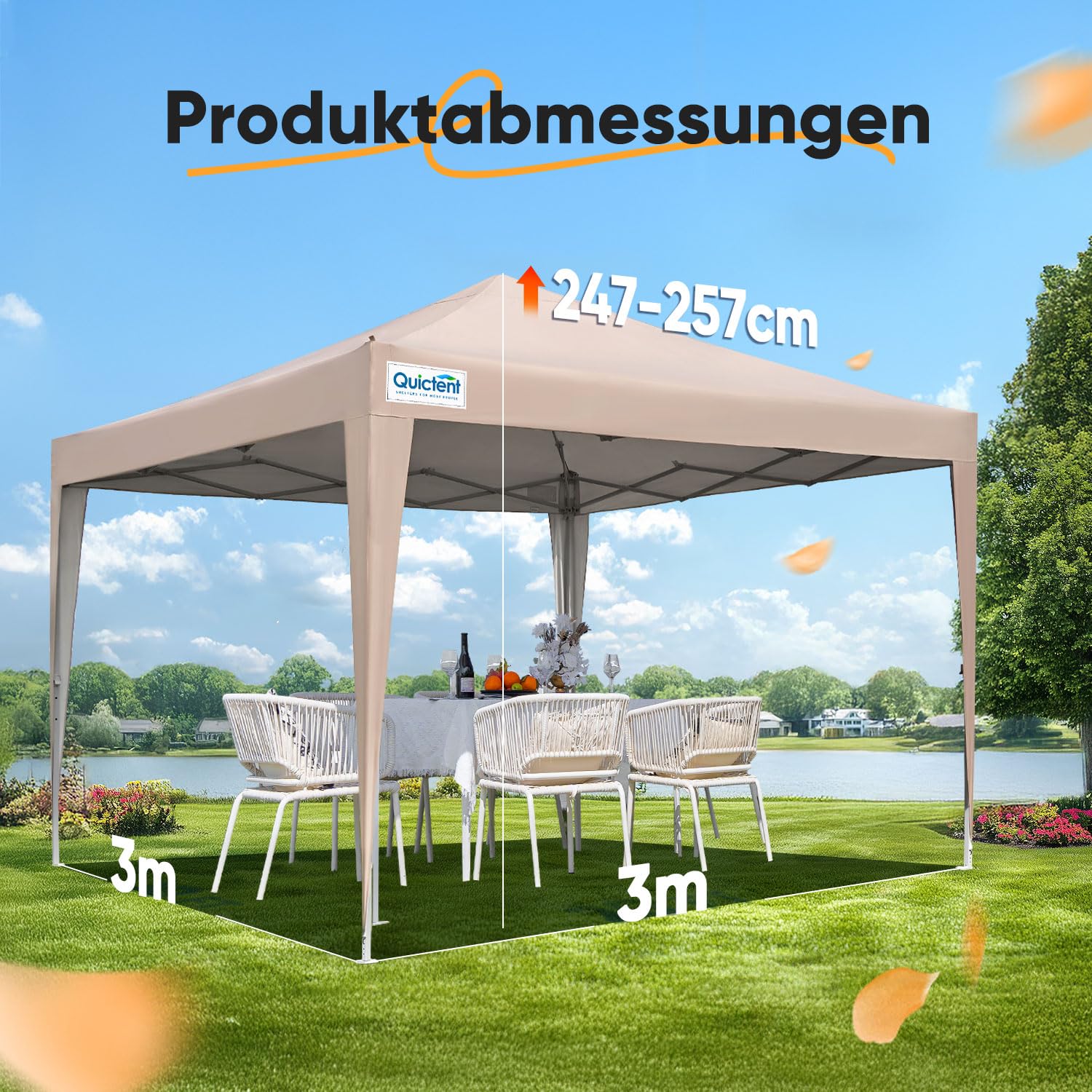 Quictent Pavillon 3x3m Faltpavillon mit 4 Seitenteilen, Wasserdicht Gartenpavillon mit Rolltasche,Partyzelt Gartenzelt für Fest und Flohmarkt, Beige