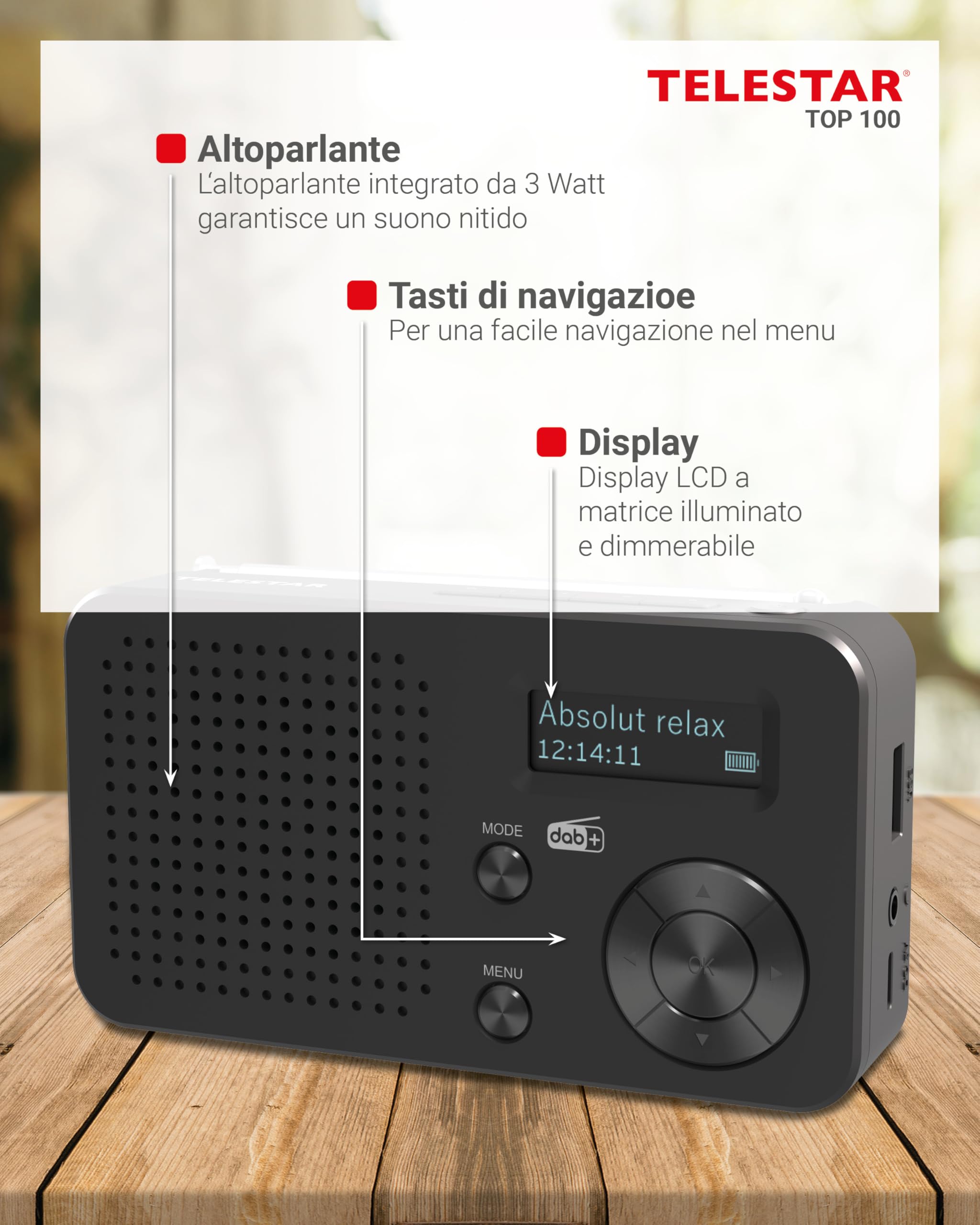 TELESTAR TOP 100 – Radio portatile DAB+/FM con batteria ricaricabile – Nero | Batteria sostituibile, fino a 15 h di autonomia, ricarica rapida, streaming Bluetooth e lettore USB
