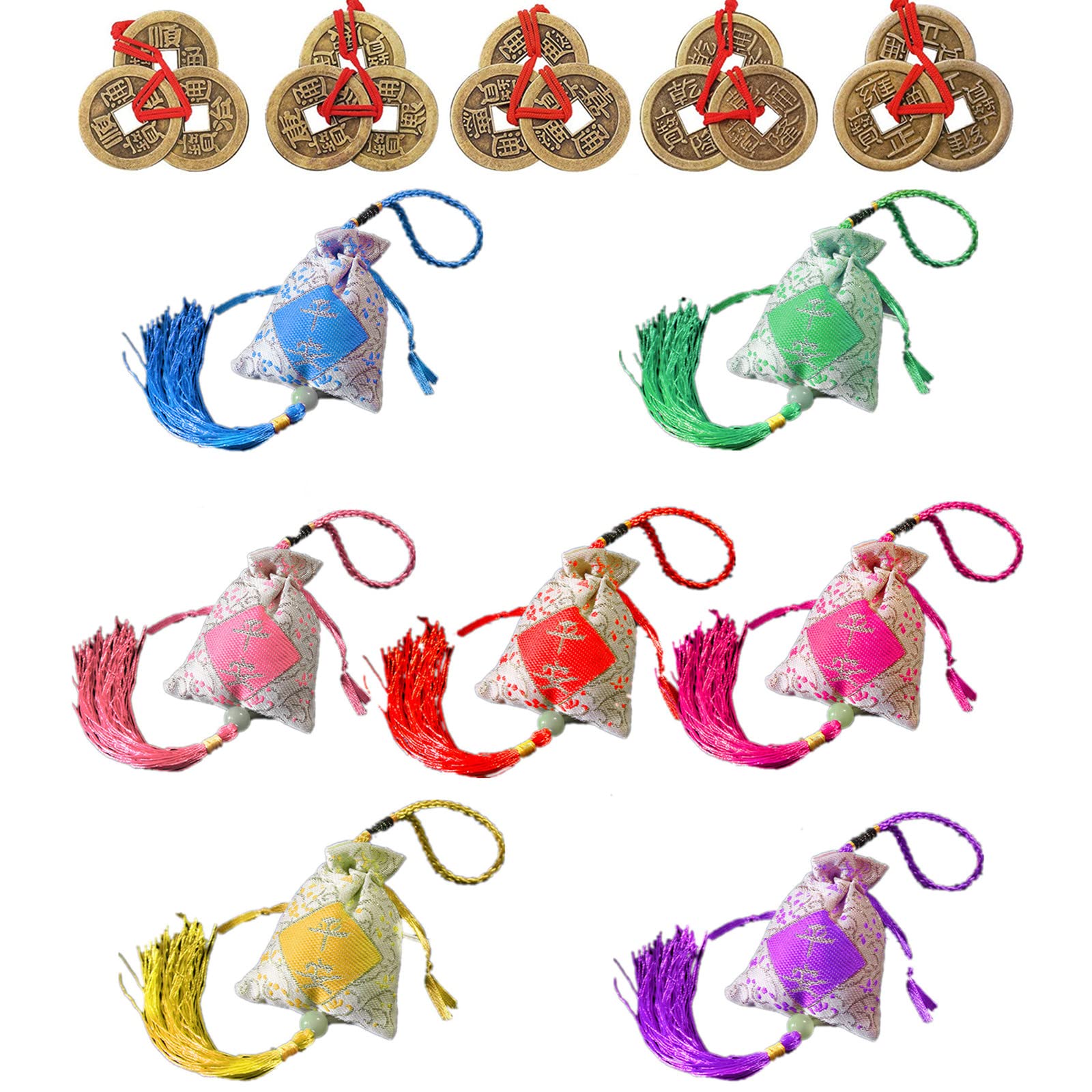 JinYu 5 Chinese Feng Shui Copper Coins and 7 Chinese Sachet Silk Brocade Coin Bags Pouches with Drawstring Jewelry Gift Bag Candy Sachet Pouch Small Chinese Embroidered Organizers Pocket for Women
