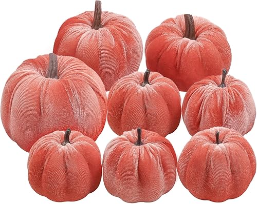Woration 8 calabazas artificiales de otoño, tamaño mixto, decoración de calabaza de terciopelo falso, color rojo sandía, pequeño, Acción de Gracias,