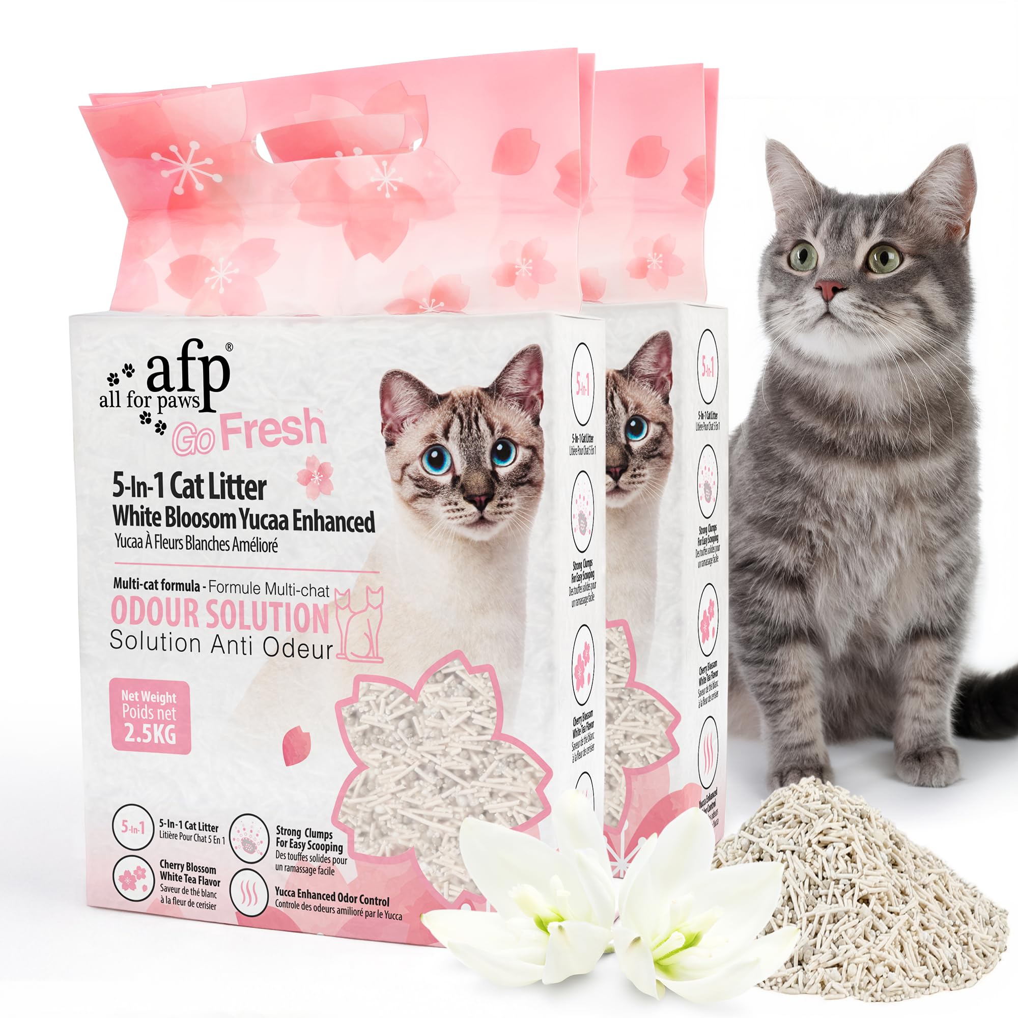 ALL FOR PAWS 5-in-1 Mixed Tofu Cat Litter, 12L (2Pack) Flushable | Rapid Clumping | Low Dust |7/24 Odor Control Nature Pellet Kitty Litter, Unscented (White Blosoom)