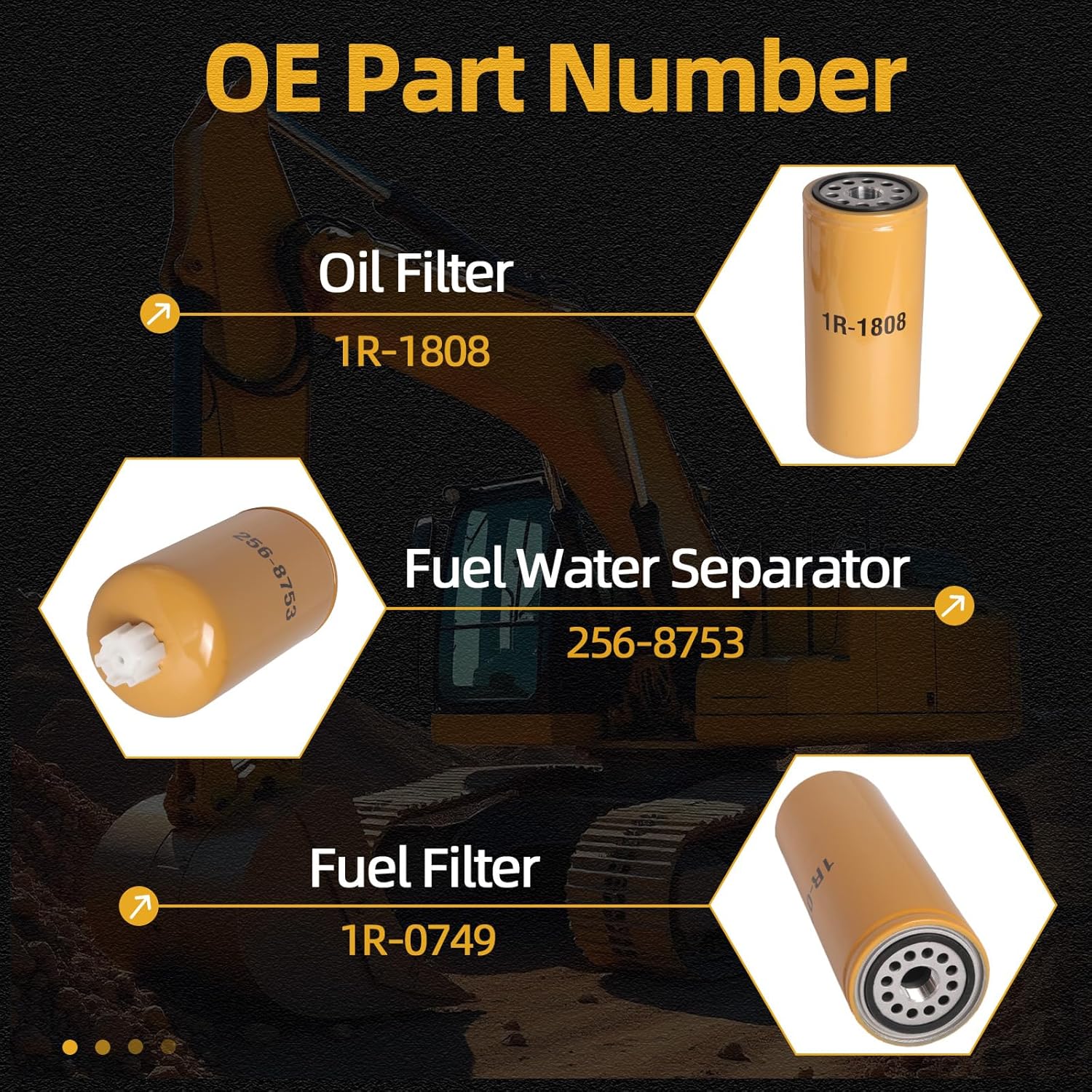 1R-1808 1R-0749 256-8753 Filter Kit (Set of 3), Fuel Filter/Oil Filter/Fuel Water Separator for Caterpillar Cat Engine, for Most 3406, C10, C11, C12, C13, C15, C16