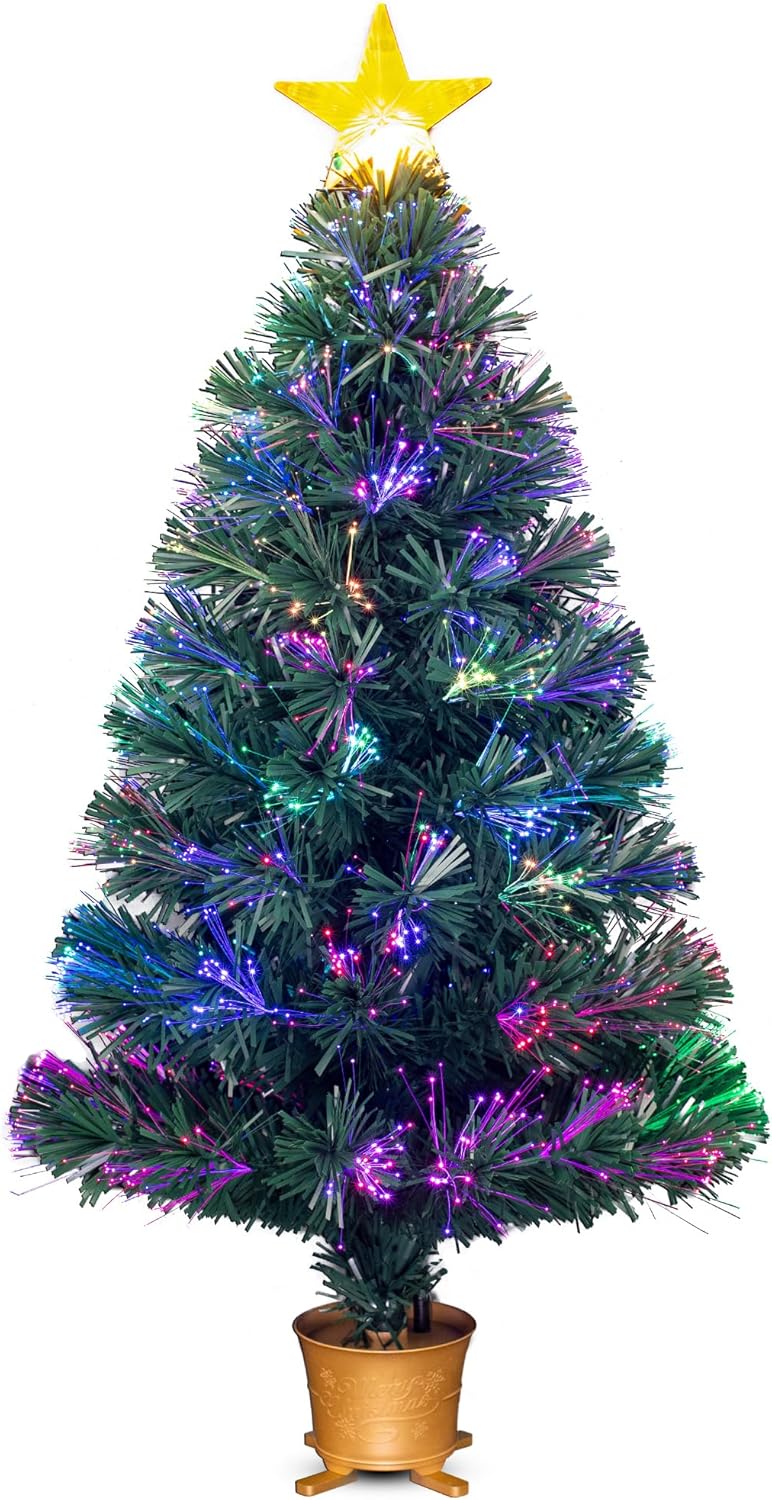 3ft Pre-lit Mini Fiber Optic Tabletop Artificial Christmas Tree，Small Xmas Tree Topper with Stars Decorations-Gold