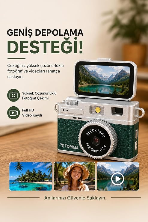 Torima Mini Dijital Kamera 2K Flip Ekranlı Selfie Video Vlog Kamerası CMR49 Koyu Yeşil