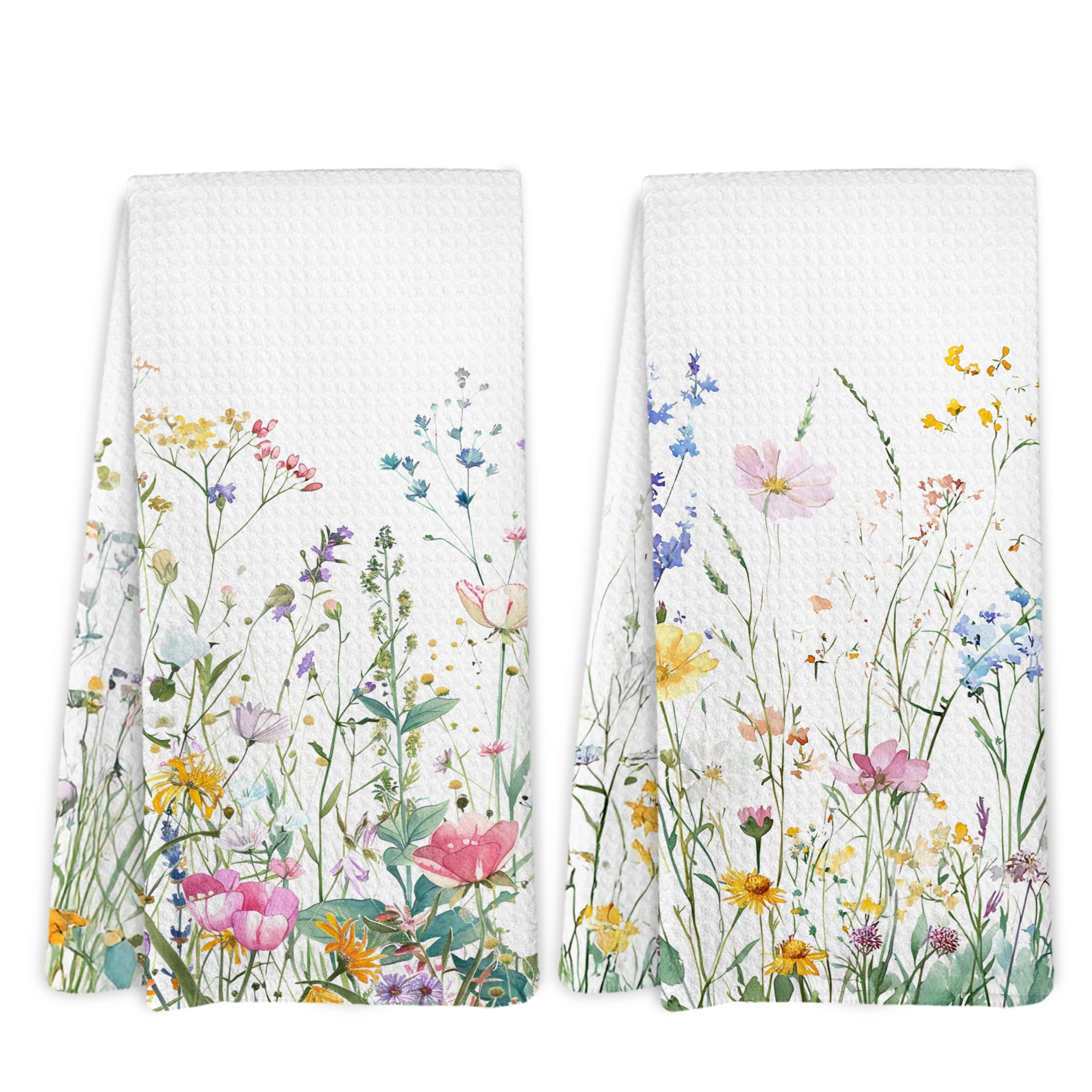 Yorhifa Spring Summer Floral Kitchen Towels, Wildflower Hand Tea Towels for Bathroom Decor, Wildflower Farmhouse Decor, Cottagecore Country Farmhouse