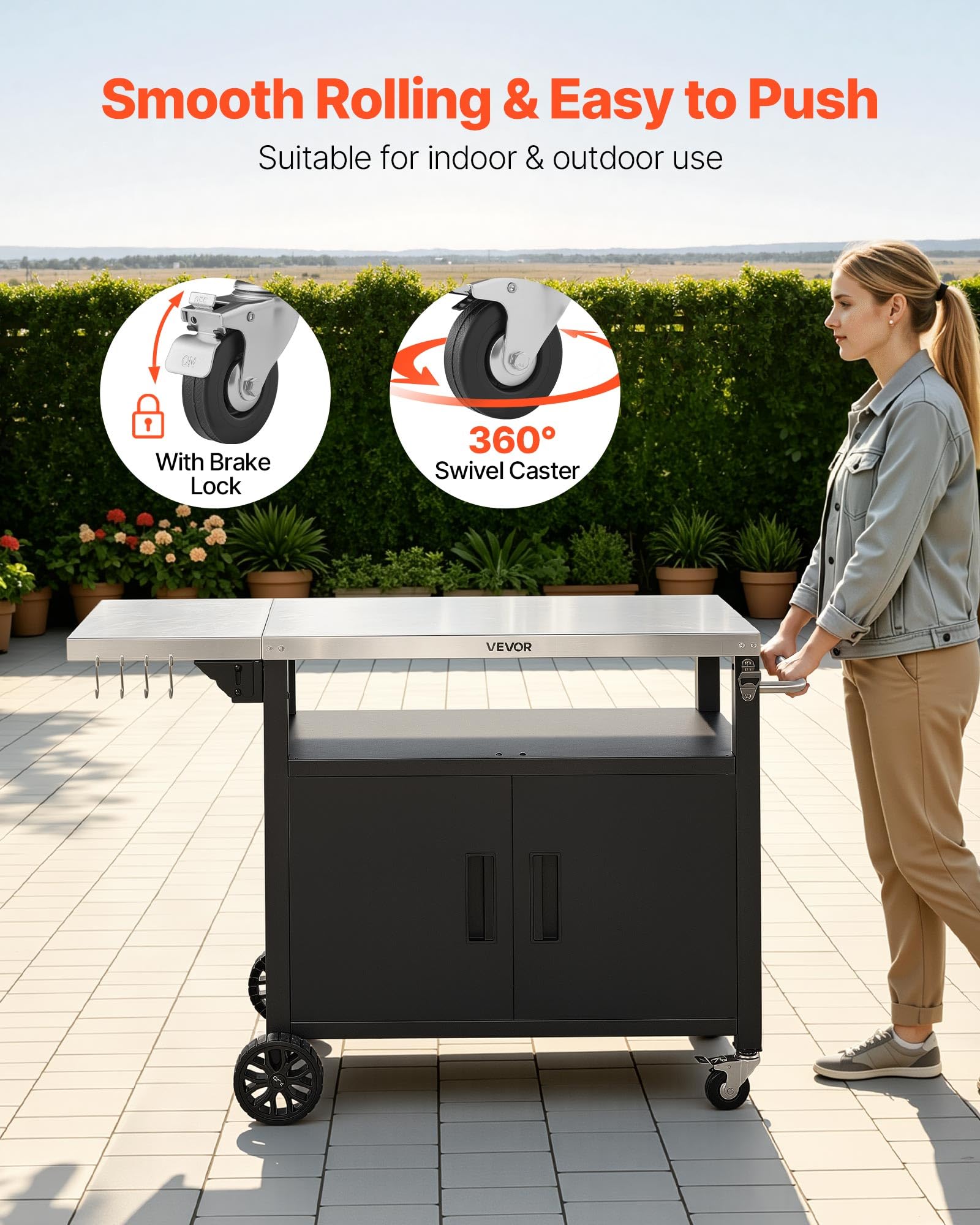 VEVOR Carrello per Barbecue da Esterno, Tavolo Carrello Portaoggetti Ripiano Preparazione Piatti Cibi 124 cm, Mobiletto con Ruote Impermeabile da Giardino Cortile Picnic Campeggio Isola Cucina