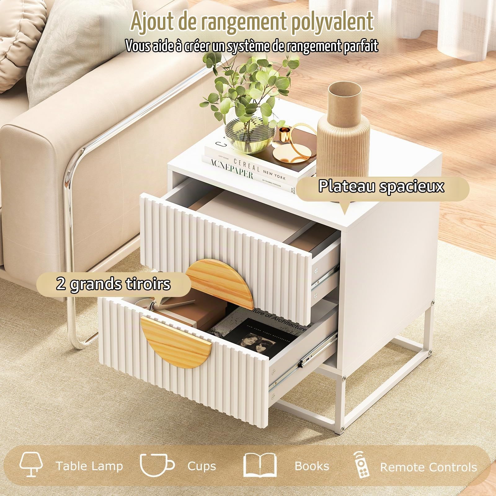 KOMFOTTEU Tables Chevet, 2 Tiroirs, Tables d'Appoint, Blanc
