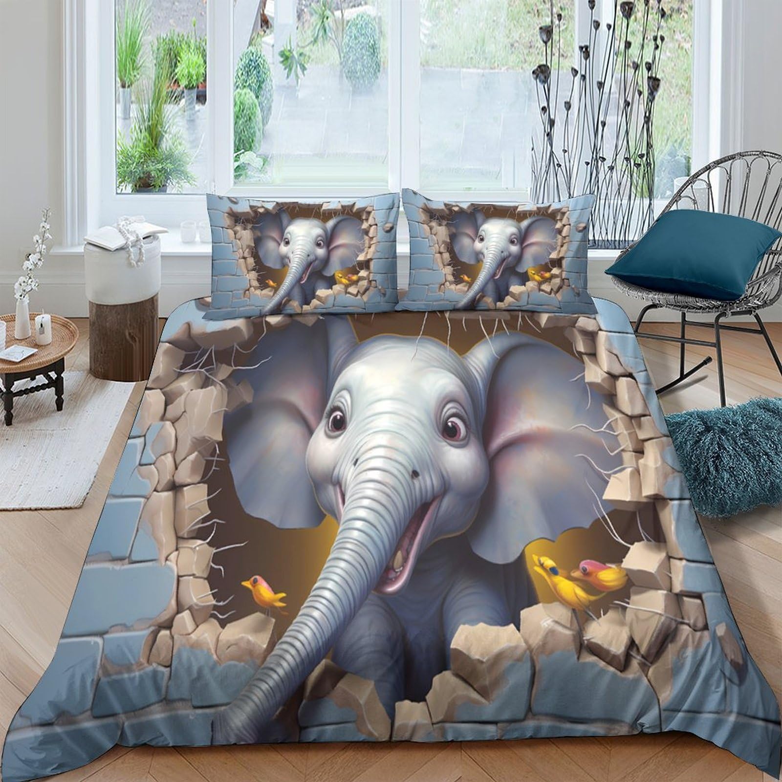 GPLZQXKJNH 3D Printed Elephant Wall Break Duvet Cover Microfiber Soft Breathable Jungle Animal Bedding Set with 2 Pillowcases for Bedroom Decor Single（135x200cm）
