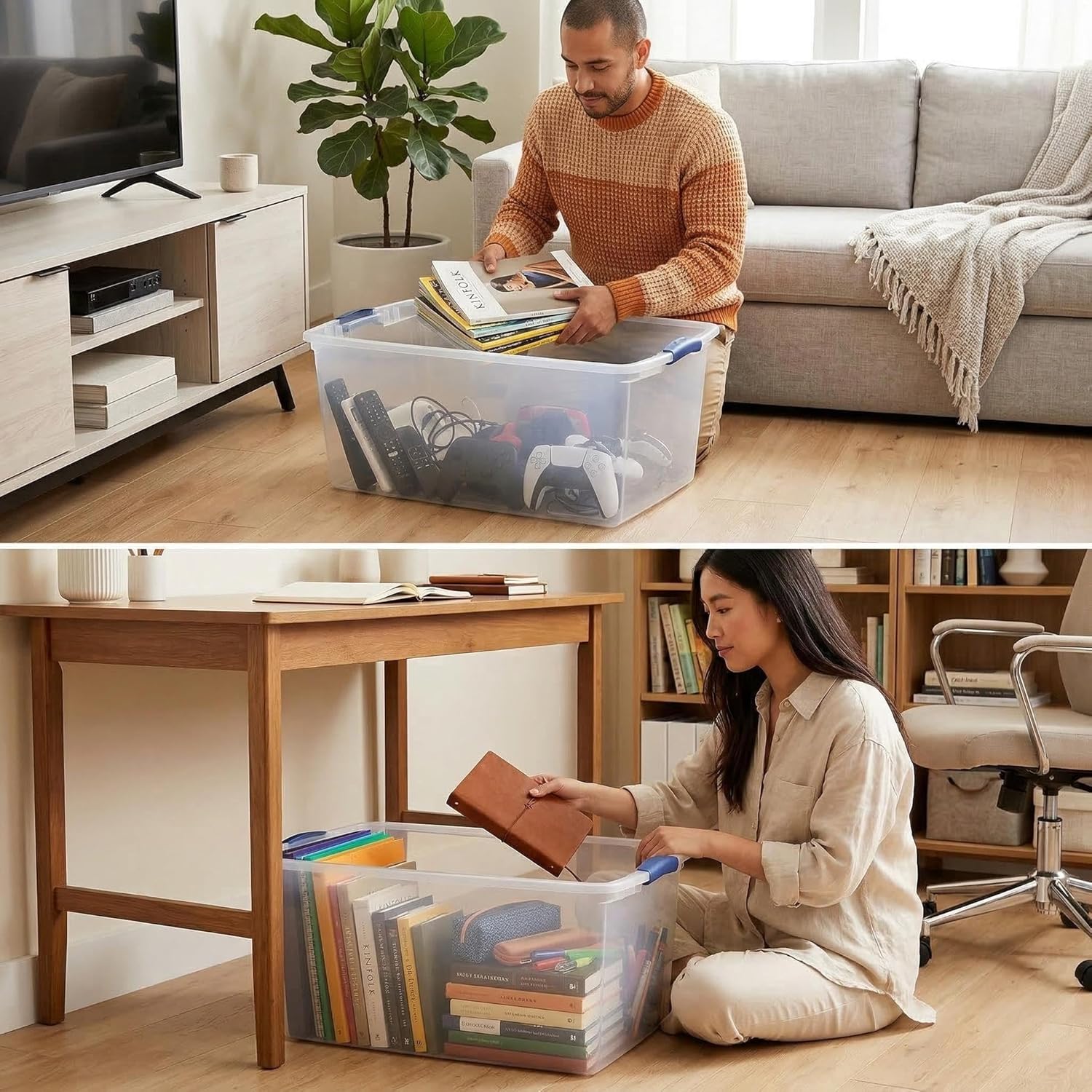 105 Quart (27 Gallon) Clear Plastic Storage Bin Extra Large Latching Container with Secure Lid & Blue Latches, Stackable Organizer for Closet, Bedroom, Dorm, Garage, Home