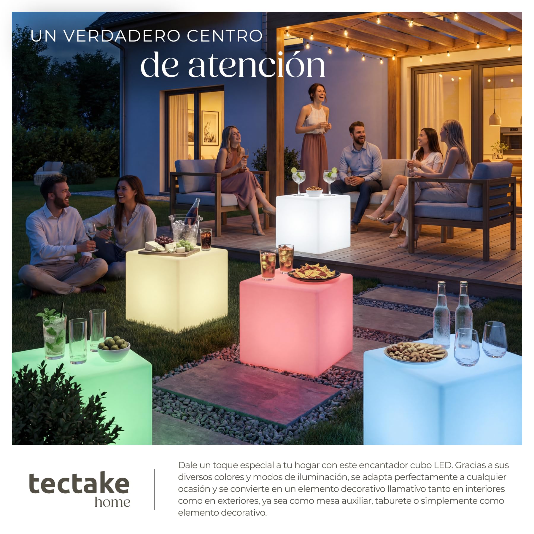 tectake® Cubo Led con Mando y Luz Nocturna 43 x 43 x 43 cm, Luces Led Habitacion para Decoracion Hogar y Jardin, Luces Terraza, Iluminación Jardin, Lampara Exterior, Decoración Habitación