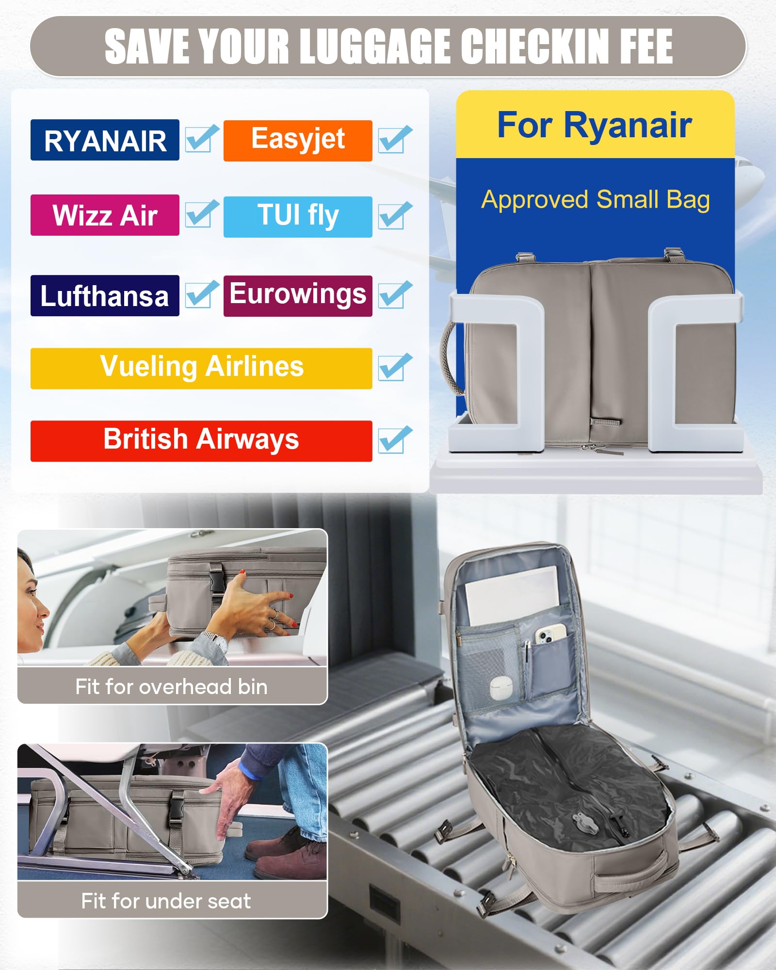 BJLFS Zaino da Viaggio con Sottovuoto Ryanair 40x30x20 Wizzair Bagaglio a mano 40x20x25 Ryanair con Pompa Borse da Cabina per Easyjet 45x36x20 con compressione sottovuoto,Zaino Casual per Laptop