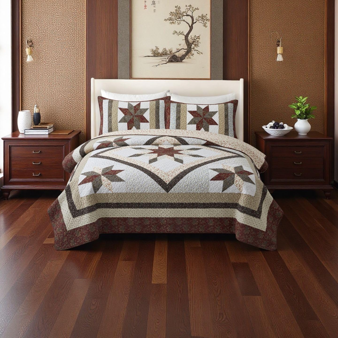 California King Quilt red Boho Vintage Patchwork for King Size Bed - 100% Cotton Farmhouse Quilt(118x102Inch) with Star and Flower Pattern Bedding Sets | cotton