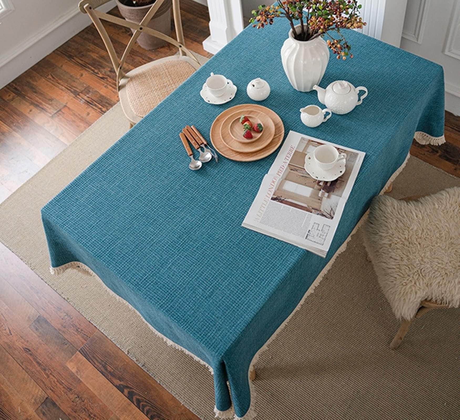 Tovaglia blu in poliestere Tablecloth Waffle tovaglia rettangolare 90 x 150 cm per soggiorno, sala da pranzo, balcone, giardino