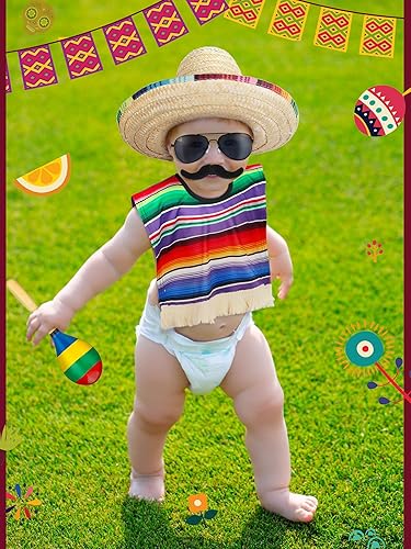Miniatura 7 de Janmercy Conjunto de disfraz de Halloween para niños pequeños, incluye poncho de Halloween, sombrero de serape, sombrero de maracas, bigote y gafas