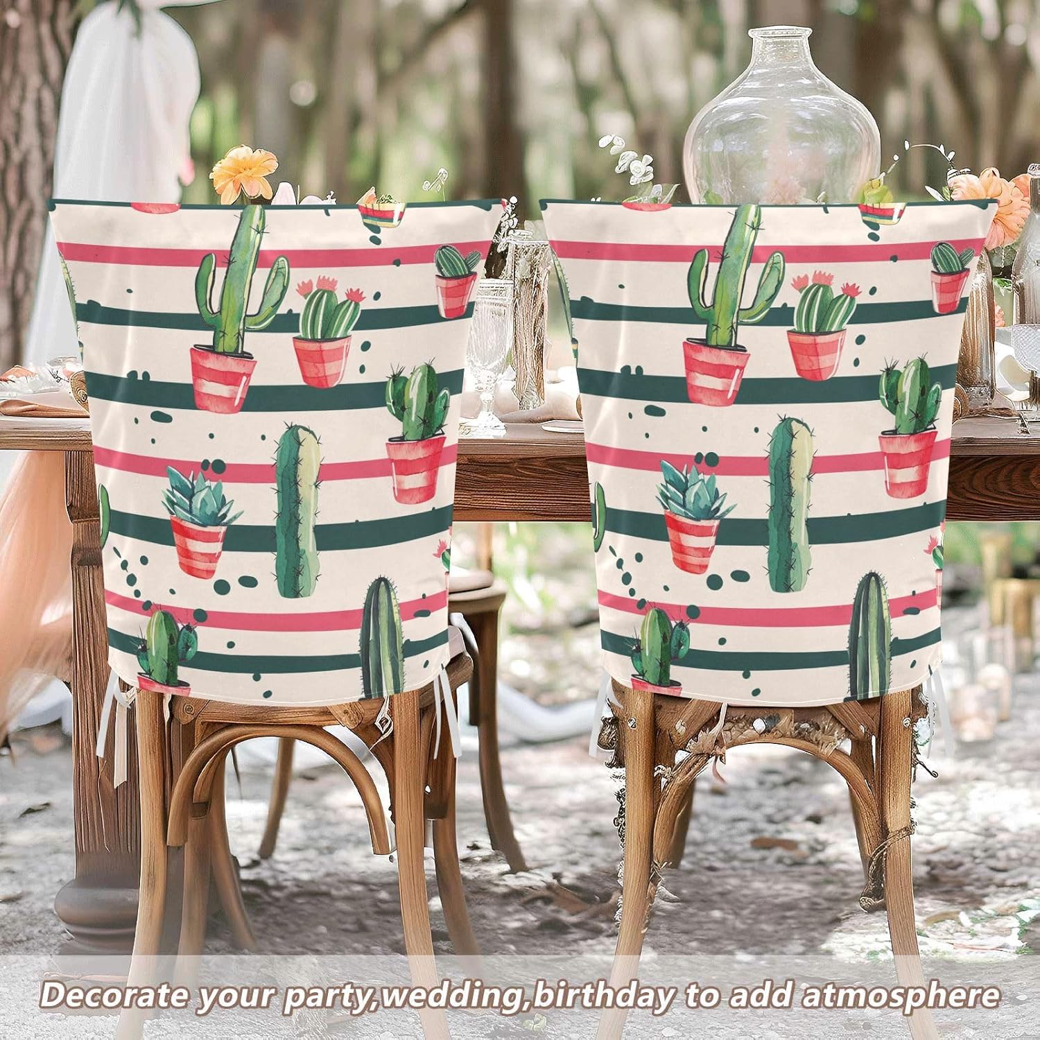 ALAZA Cactus Colorful Stripes Chair Back Cover Set of 6, Washable Reusable Removable Chair Slipcovers Decorative Chair Cover for Home Kitchen Wedding Party