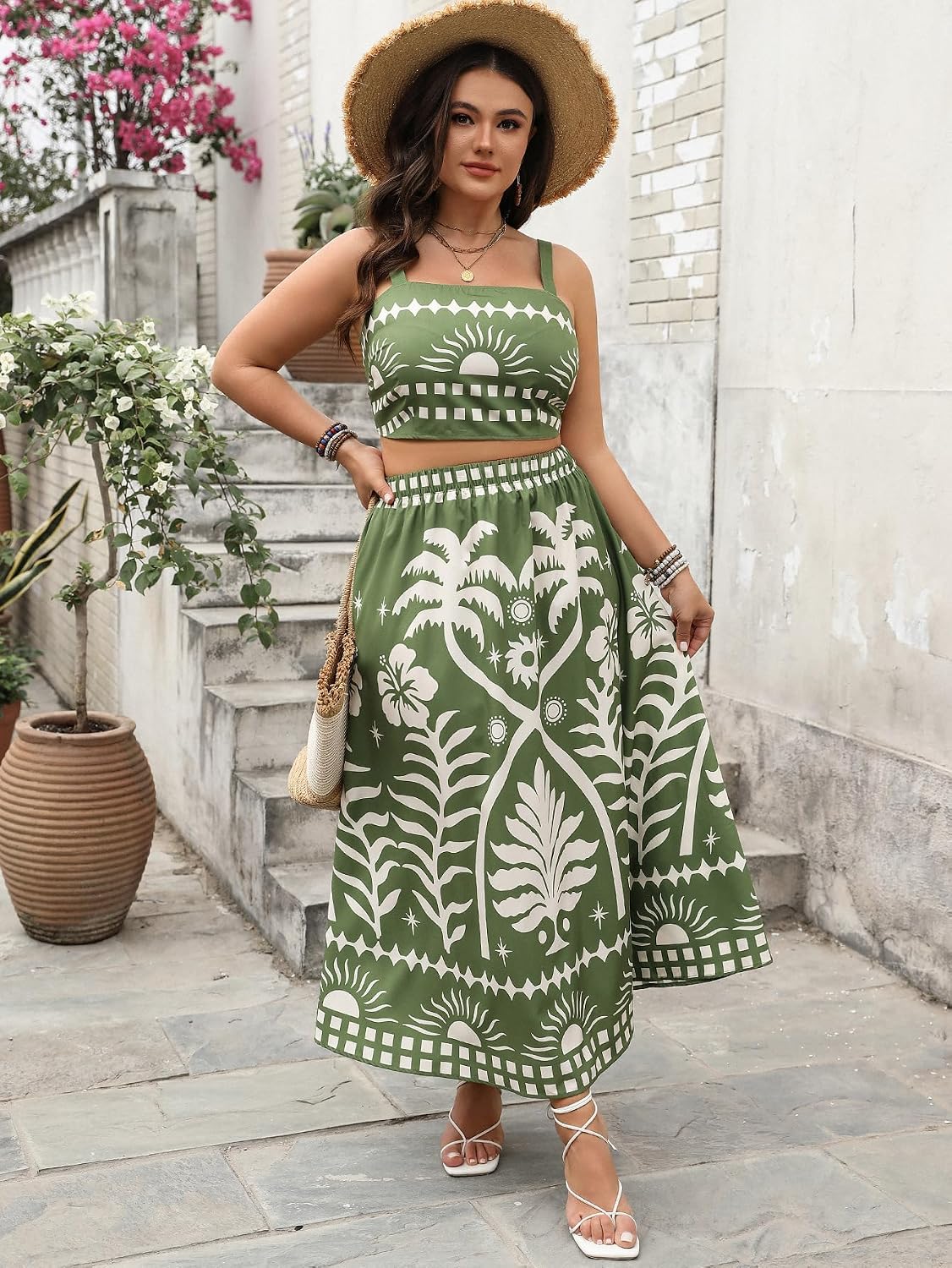 THLAI Women 2 Piece Midi Skirt Sets Tropical Print Crop Top and Midi Skirt Set Summer Casual Vacation Outfits