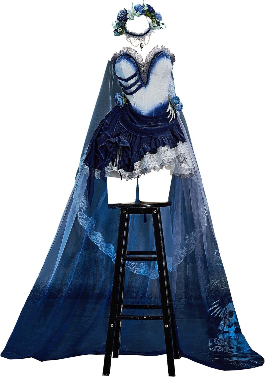 MEOWCOS Womens Gothic Dress Halloween Punk Dress Bride Dress Irregular Tube Dress with Tail Skirt and Veil