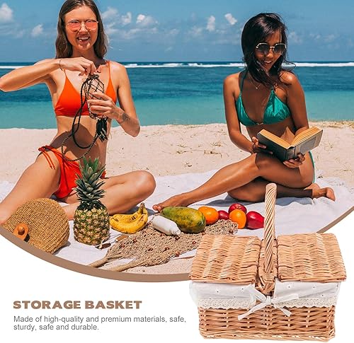 Miniatura 6 de Cabilock Cesta de picnic tejida con asas, cesta de almacenamiento de picnic con tapa, adornos de granja, manualidades para picnic al aire libre,