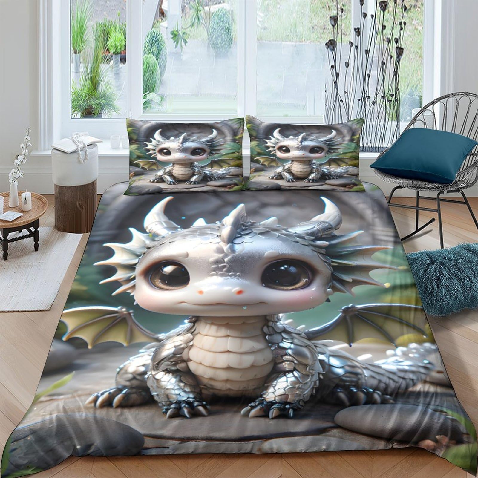 Ctjqhvkz Style-2 3D Printed Cute Silver Dragon Fitted Sheet Microfiber Soft Breathable Fantasy Forest Bed Cover For Bedroom Dorm Decor Single（135X200cm）