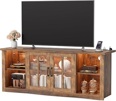 JUMMICO Farmhouse TV Stand, 58 Inch TV Stand for Living Room with Glass Doors, Fast Charge USB Hub & Adjustable LED Lights, Rustic TV Cabinet for TV up to 65 inch Rustic Brown