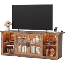 JUMMICO Farmhouse TV Stand, 58 Inch TV Stand for Living Room with Glass Doors, Fast Charge USB Hub & Adjustable LED Lights, Rustic TV Cabinet for TV up to 65 inch Rustic Brown