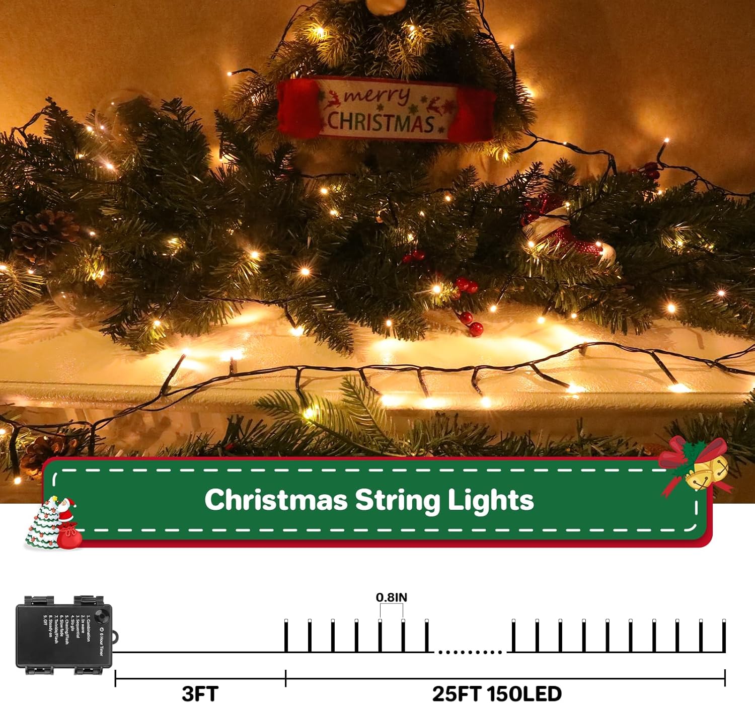 25FT 150LED Christmas Lights Battery-Powered,Cluster Lights with Timer and 8 Modes,Christmas Tree Lighting OutdoorIndoor Garden Party Wedding Decoration(Warm White)