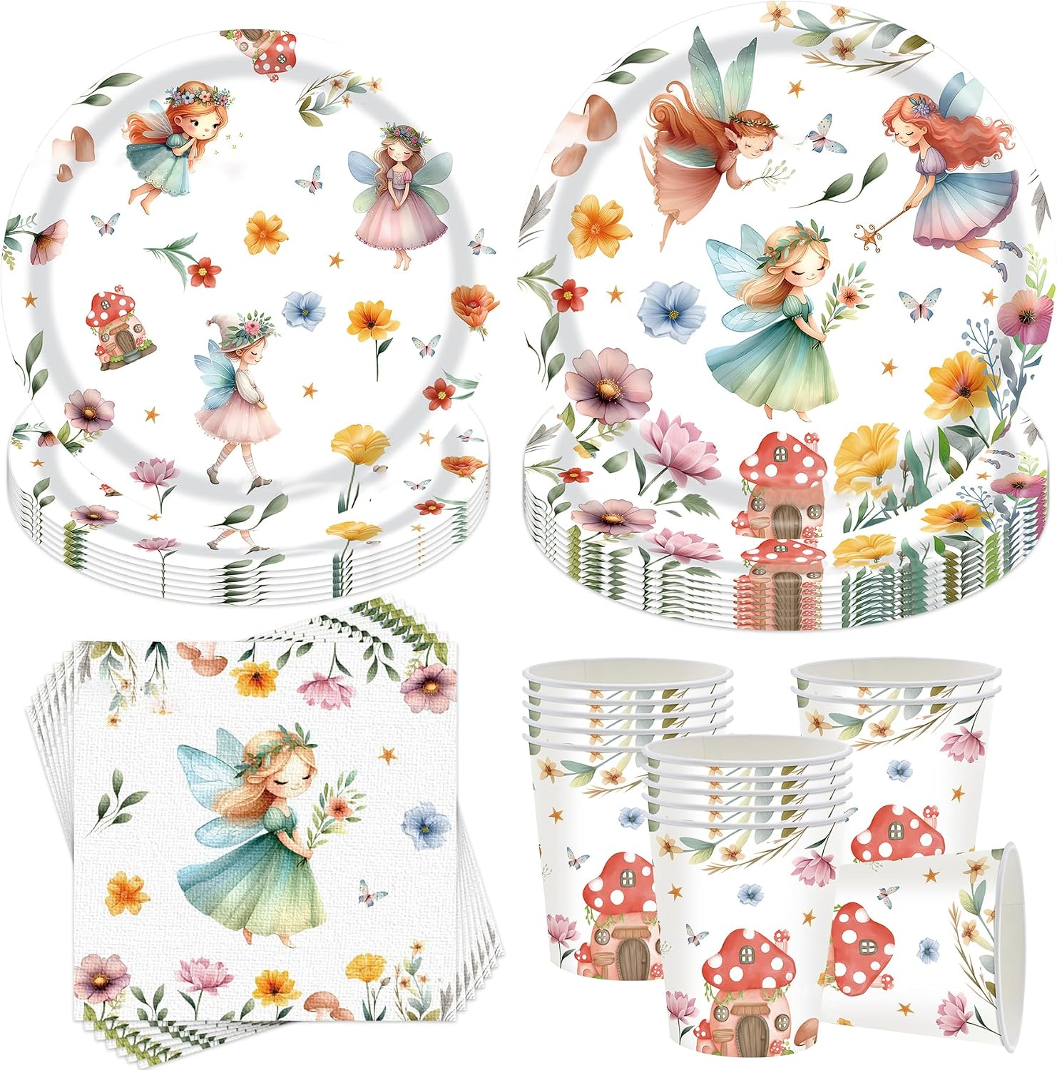 Sunshine smile Children's Birthday Party Tableware Set Decor Fairy Butterfly Party Plates Paper Cups Napkins Set of 50