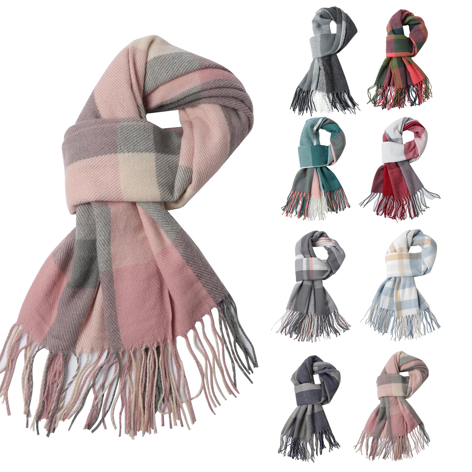 Fjquamitix Women's Pink + White Tartan Cashmere Scrarf, Scarves Wraps Winter Long Soft Warm Tassel Shawls Stole Gifts For (Pink + White)