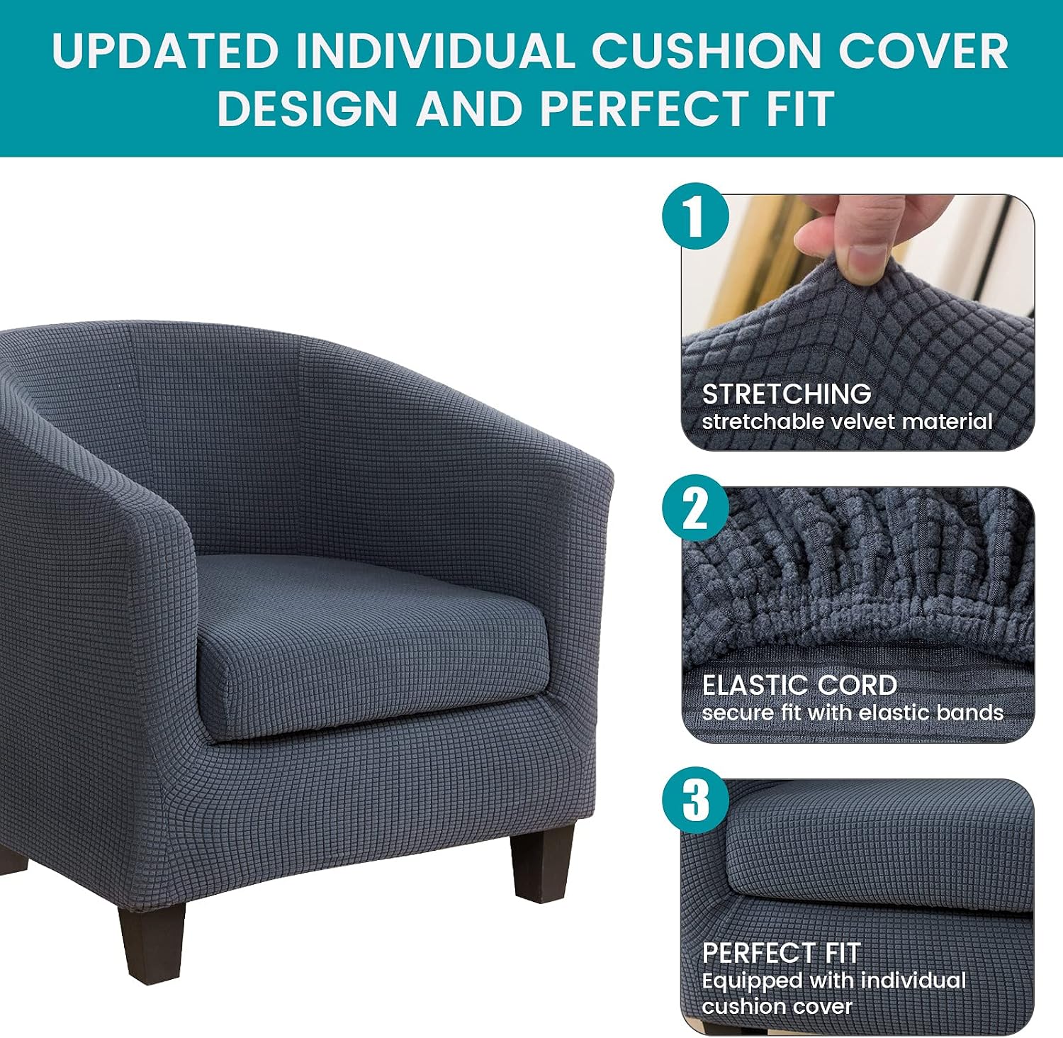 Polar Fleece Club Chair Slipcover,Stretch Tub Chair Cover Barrel Chair Slipcover Armchair Sofa Cover Removable Elastic Furniture Protector 2-Piece Arm Chair Cover for Living Room(Grey Blue,1pc) - Image 3