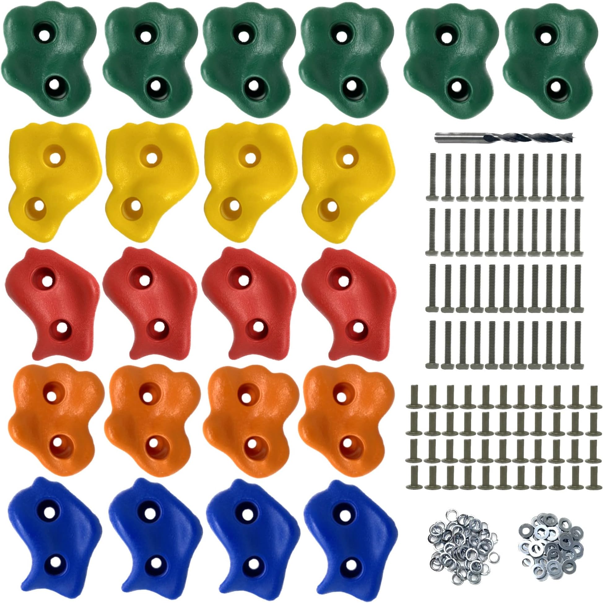 22 Assorted Deluxe Rock Climbing Holds for Kids - Outdoor Climbing Stones Kit with 44 Swing Safe Fasteners + Drill Bit Easy to Install on Lumber from 3/4" to 1.25" Thick