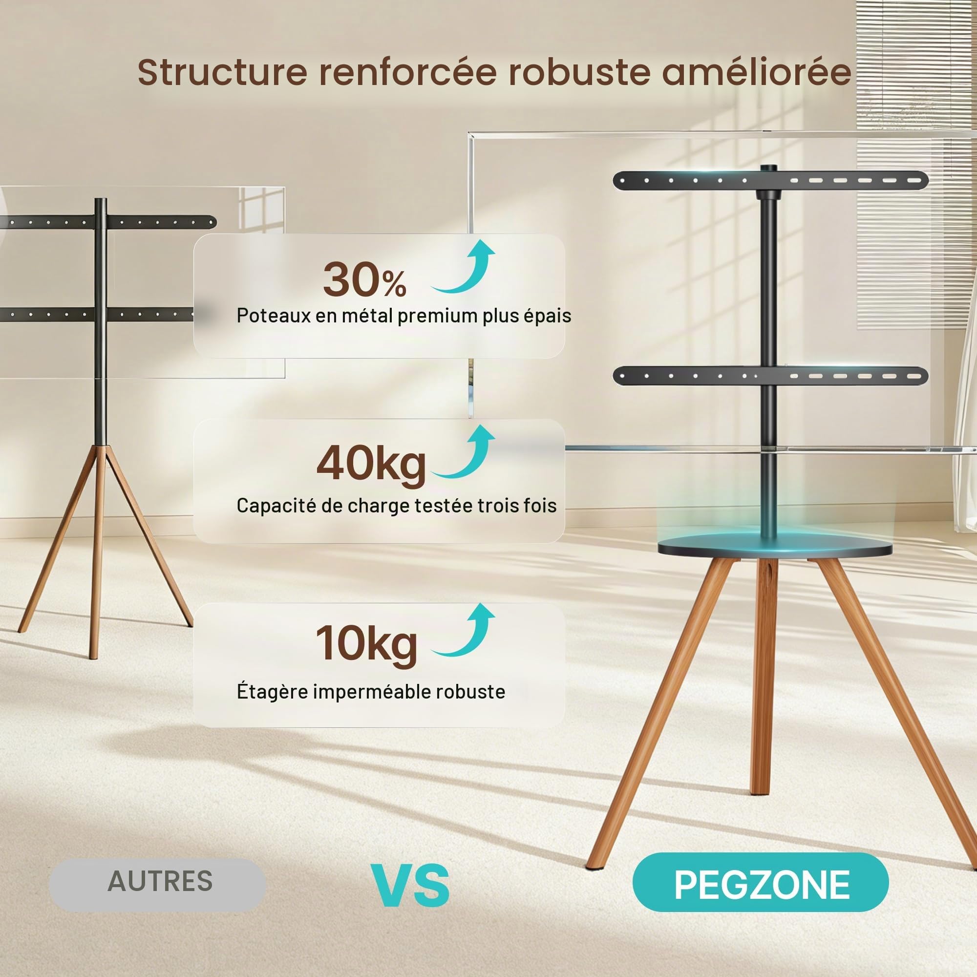 PEGZONE Support TV sur Pied pour Écrans 45 à 65 Pouces, 40 kg | Trépied TV en Bois avec Tablette, Hauteur Réglable, Pivotant, VESA Max 600 × 400 mm, pour la Maison