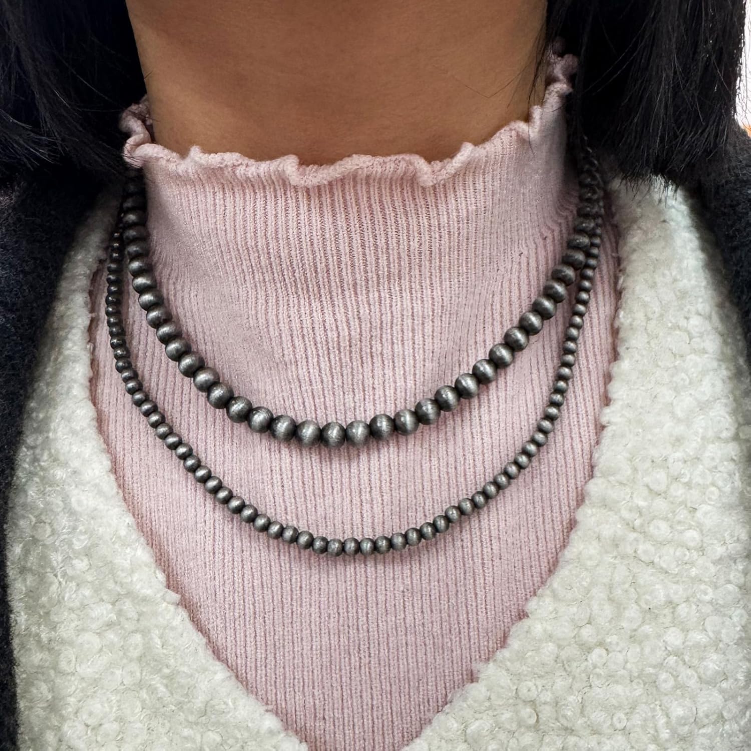 Navajo Pearl Necklace for Women Western Jewelry Handmade Boho Necklaces Pearls Bead Double Layered Necklaces for Women - Image 4