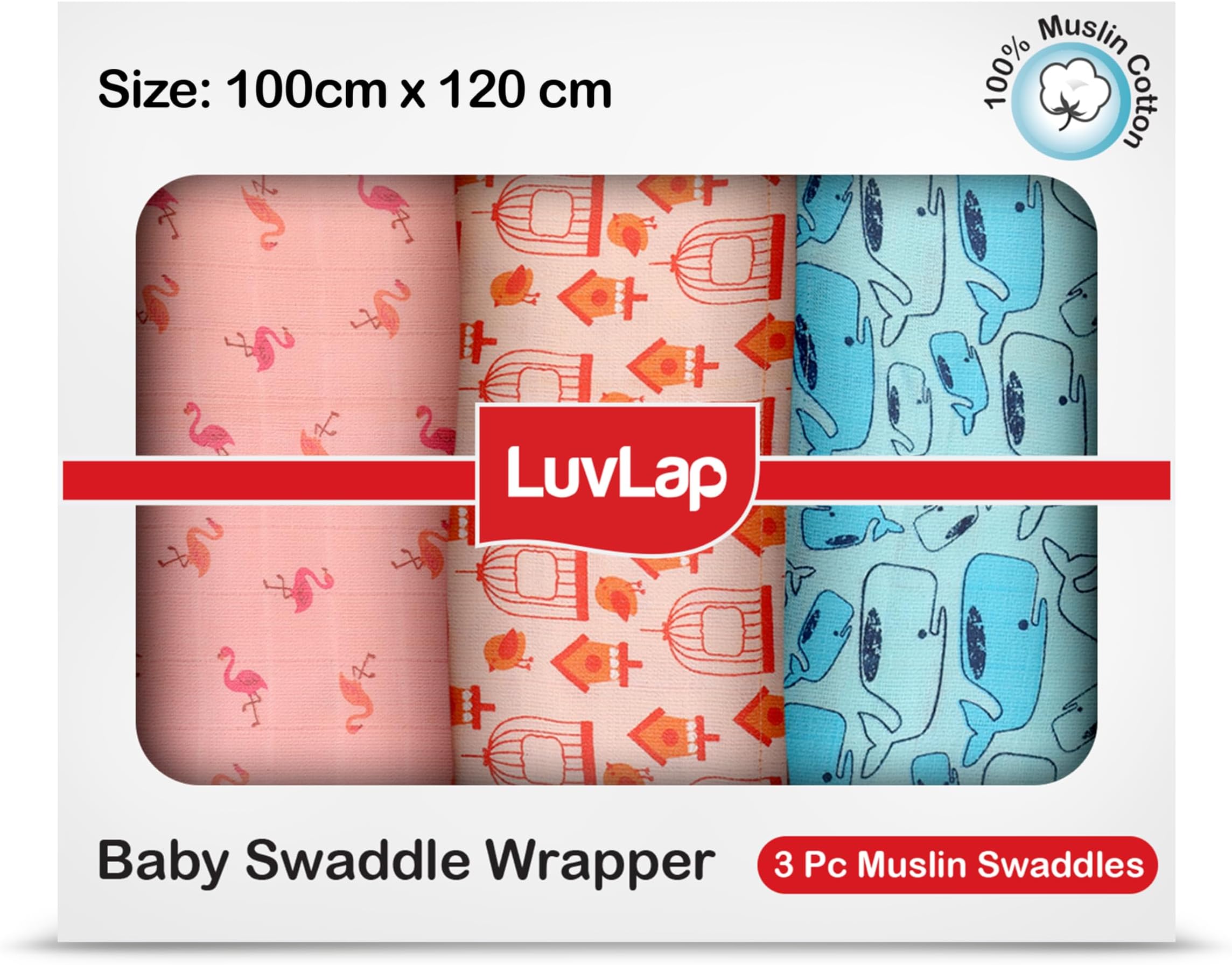 - LuvLap 100% Cotton Muslin Baby Swaddle Set, Baby Towel, Size-120cm x 100cm (47"x39"), Fish Cage Print, 0-18 Month+, Printed Mulmal Muslin Swaddle Wrap for New Born, Pack of 3