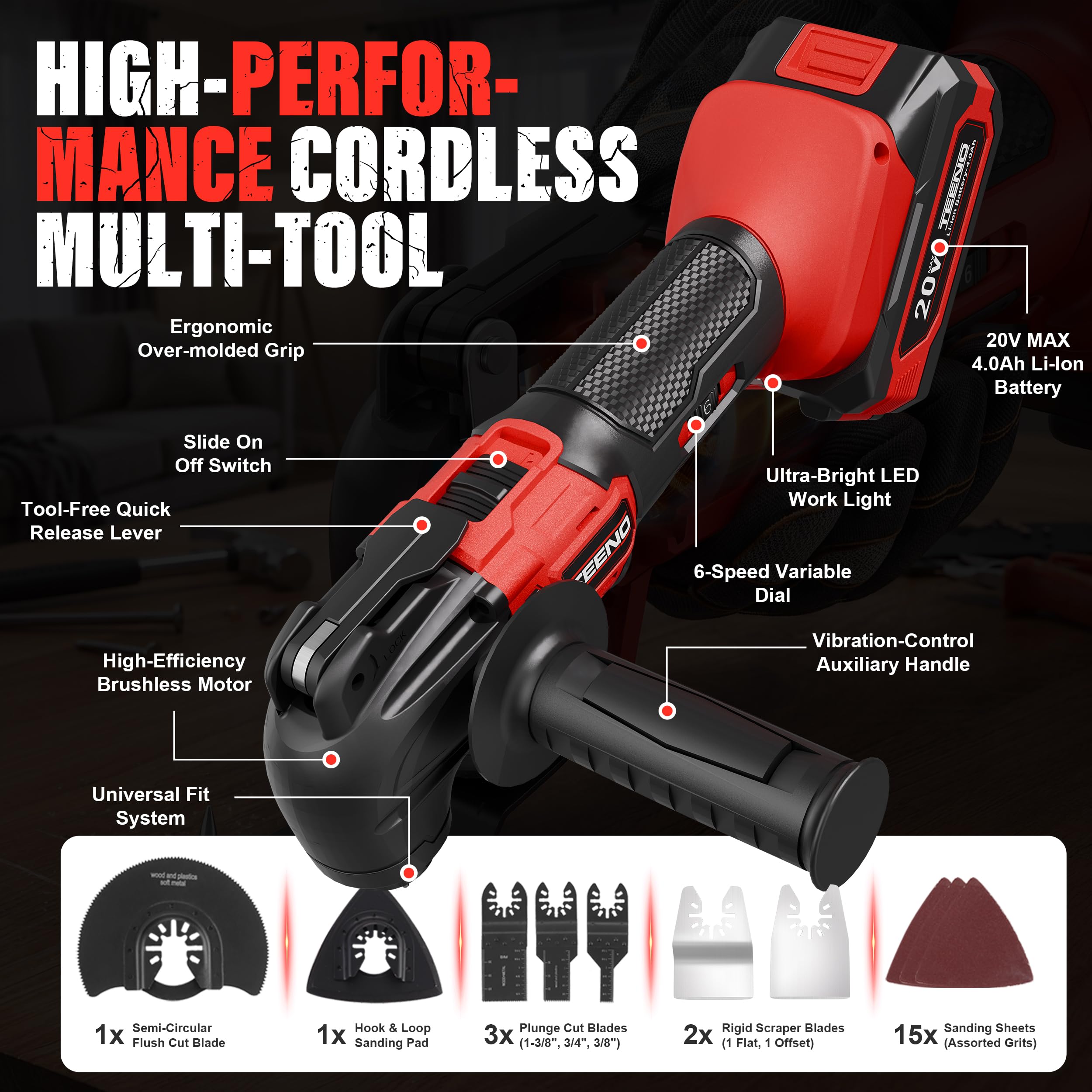Strumento multifunzione oscillante senza fili 20 V, Brushless Strumento multifunzione senza fili con 6 velocità, 2 x 4.0 A batterie, 8500-21000 giri/min, caricabatterie, angolo oscillante 4°, per