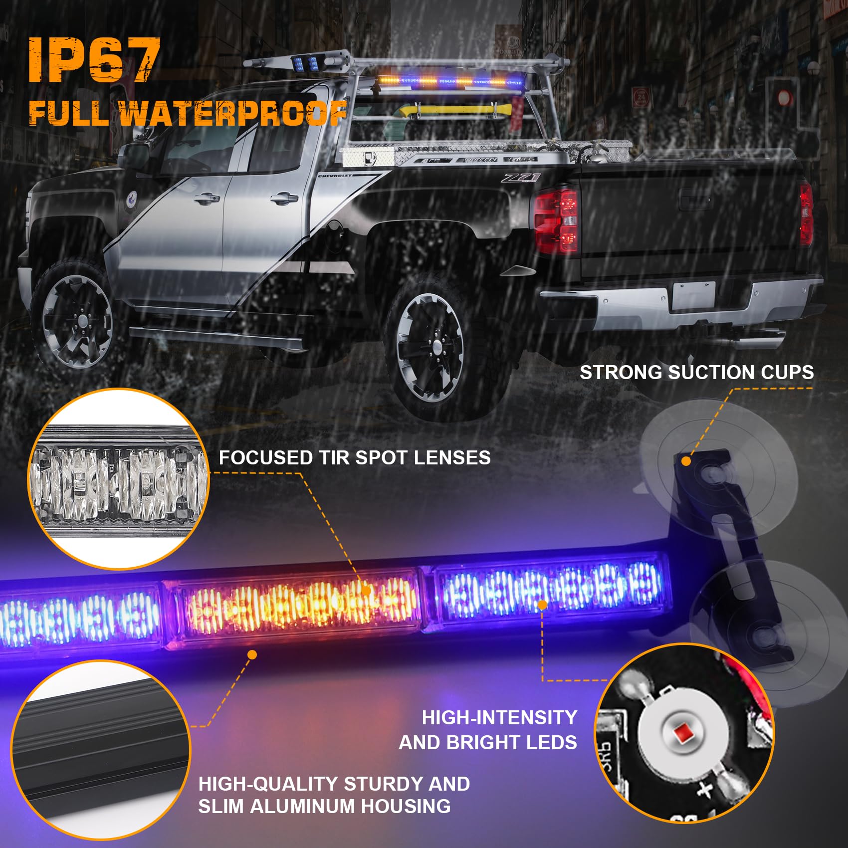 XRIDONSEN - Barra de luz azul ámbar de 35 pulgadas, 48 luces LED estroboscópicas de emergencia, luces de advertencia de seguridad, ventana delantera/trasera con controlador de pantalla para bomberos