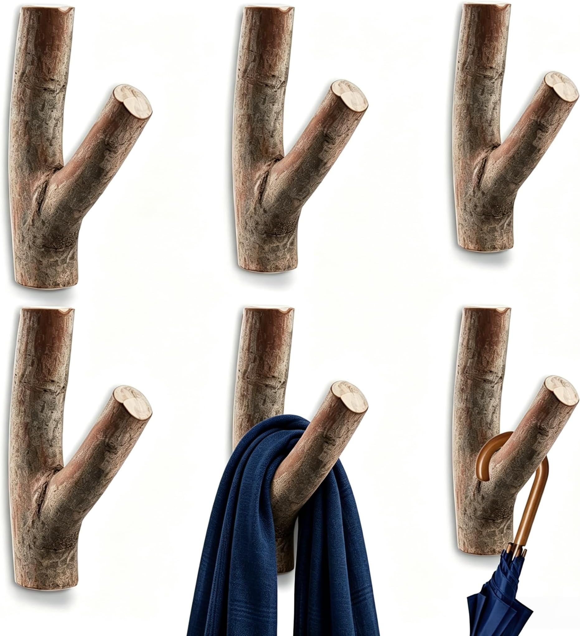 DEAYOU 6 Pack Wood Wall Hooks, Tree Branch Real Wooden Hooks for Hanging, Adhesive Farmhouse Rustic Hat Coat Hooks Wall Stickers for Towels, Bags, Scarves, Keys, Decoration (Width 2-3cm)