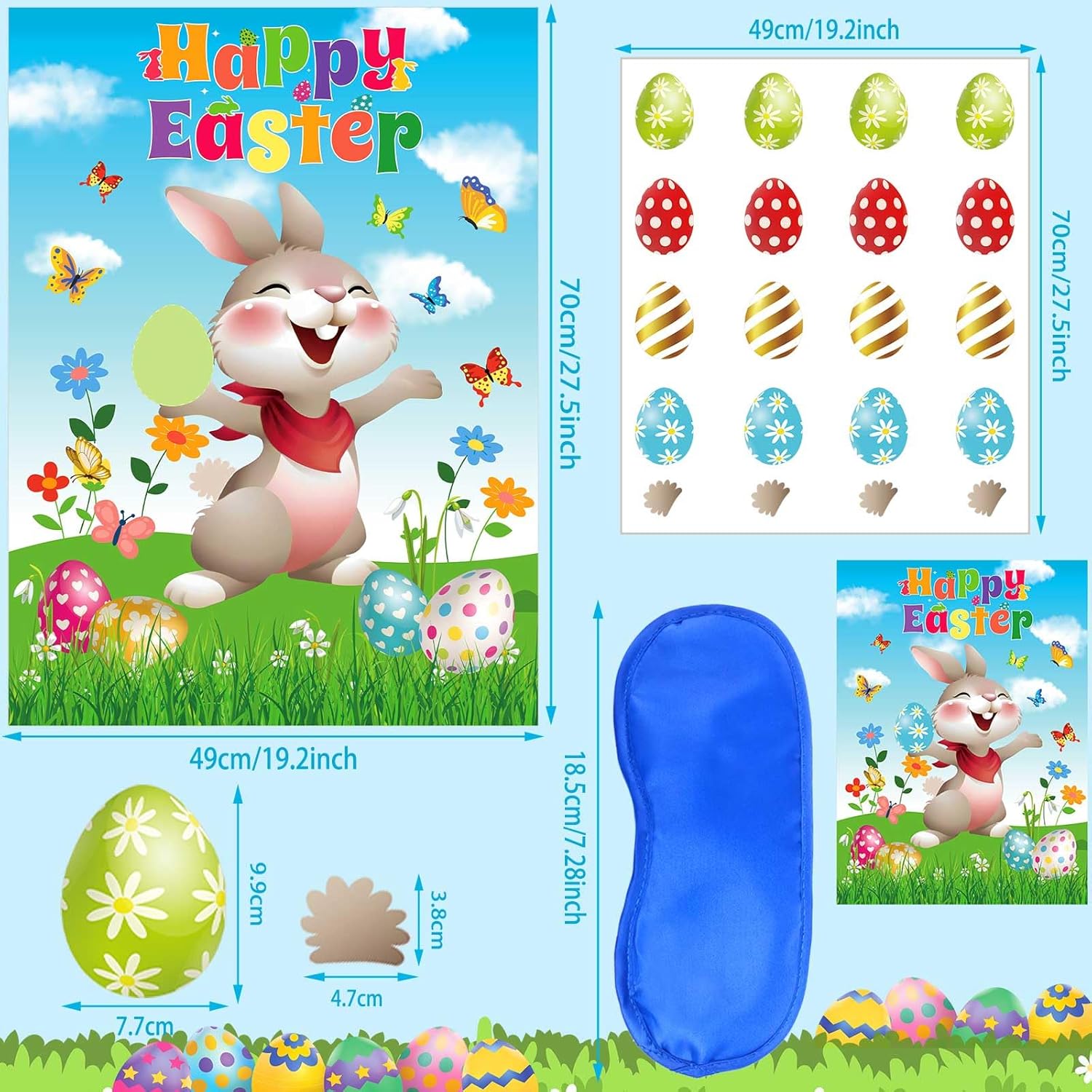 AUGSUN Pin The Tail on The Bunny Easter Games Easter Rabbit Games with 24 Stickers for Easter Party Decorations, Easter Egg Hunt Activities Happy Easter Party Favors Supplies