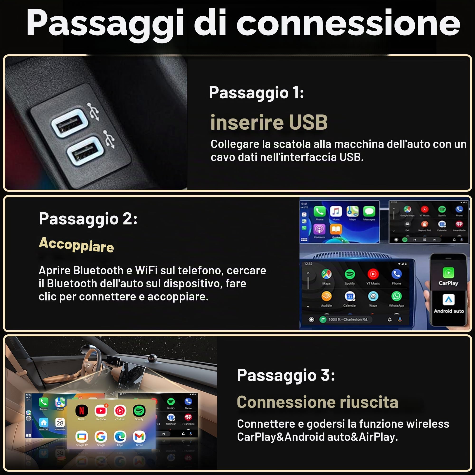 Adattatore Wireless CarPlay 4 in 1 – Cavo per auto CarPlay & Android con Mirror Link & AirPlay, Modulo CarPlay Wireless Plug & Play per iPhone e Android, auto dal 2016 (argento)