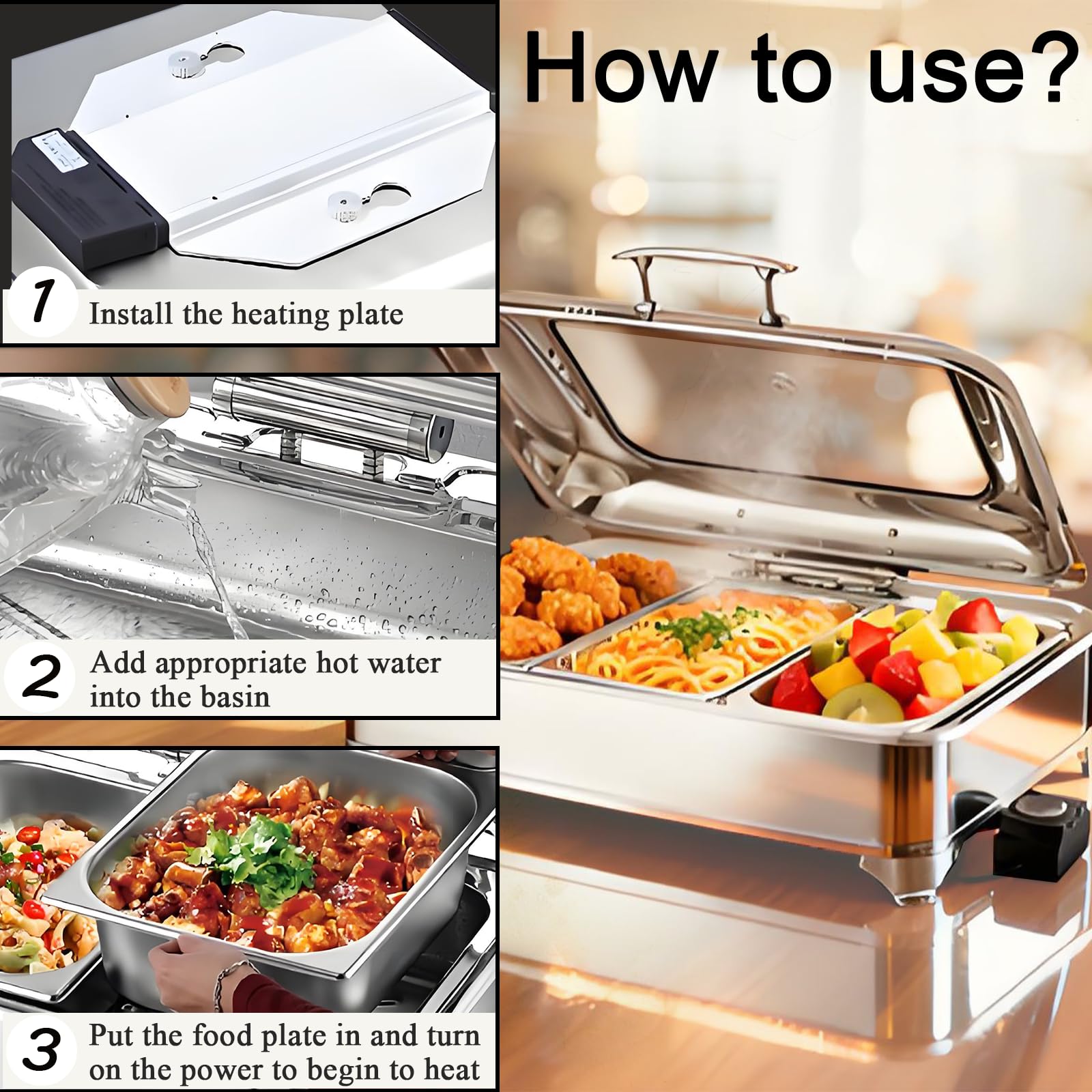 Chafing Dish Elettrico, 9L, 400W, Temperatura Regolabile(Full Pan) | Professionale Scaldavivande Elettrico per Buffet Acciaio Inox, Contenitore Scalda Cibo per Buffet, Feste e Banchetti