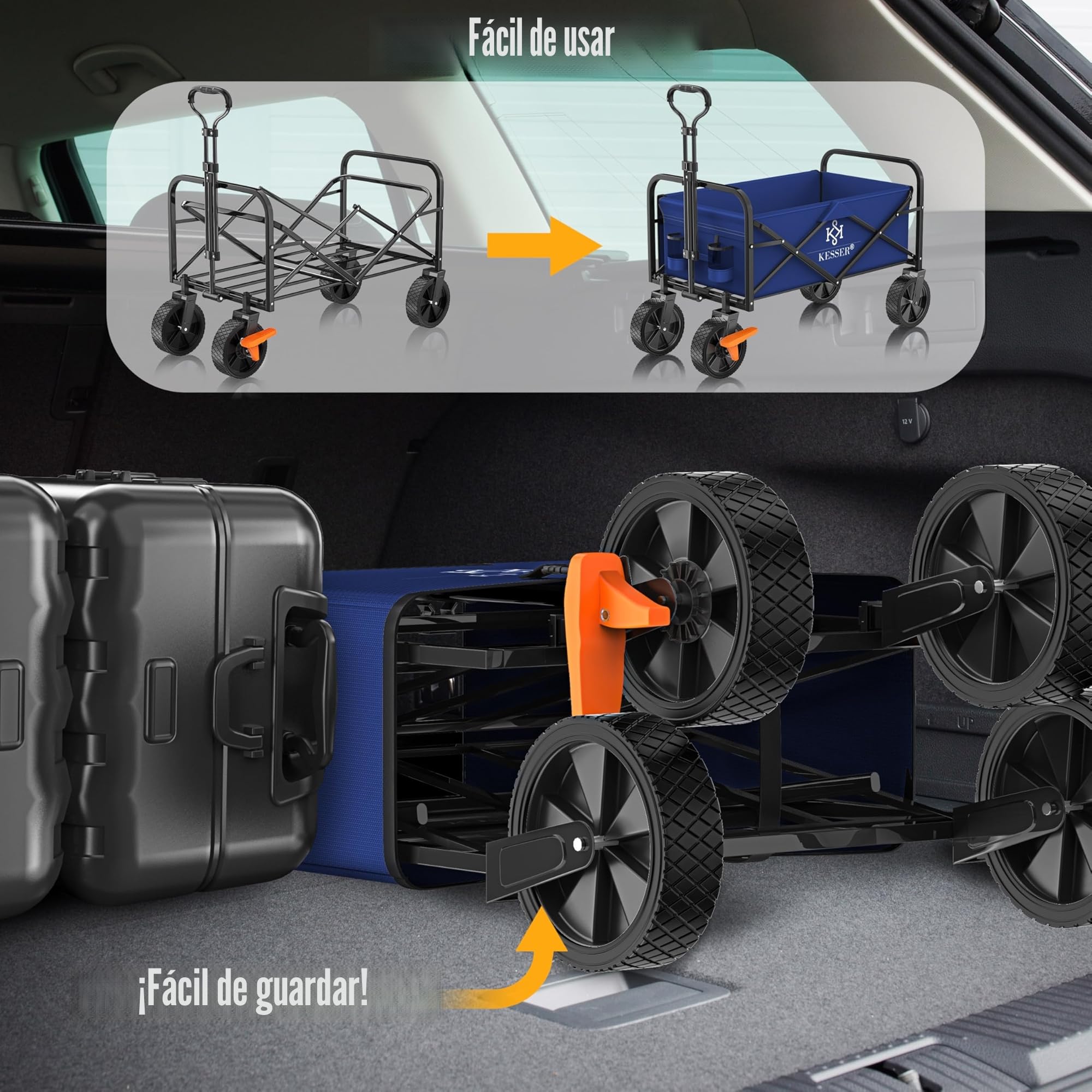 KESSER® Carro Plegable de Mano, de Equipamiento, Incluye 2 Bolsillos de Malla, neumáticos de Goma Maciza, Capacidad de Carga de hasta 80 kg
